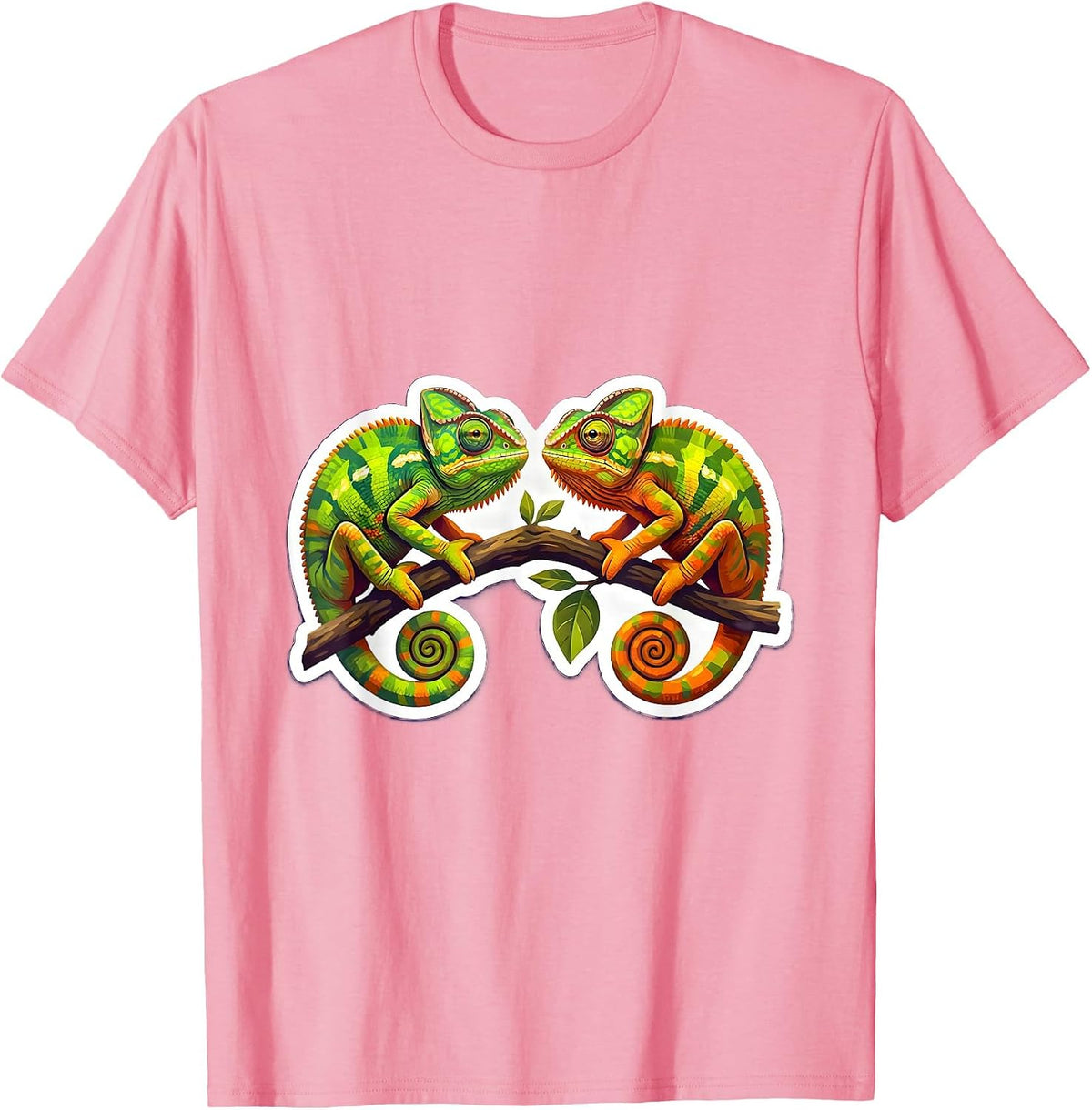 Twin Chameleons on a Branch Twin Day Design T-Shirt - Pink