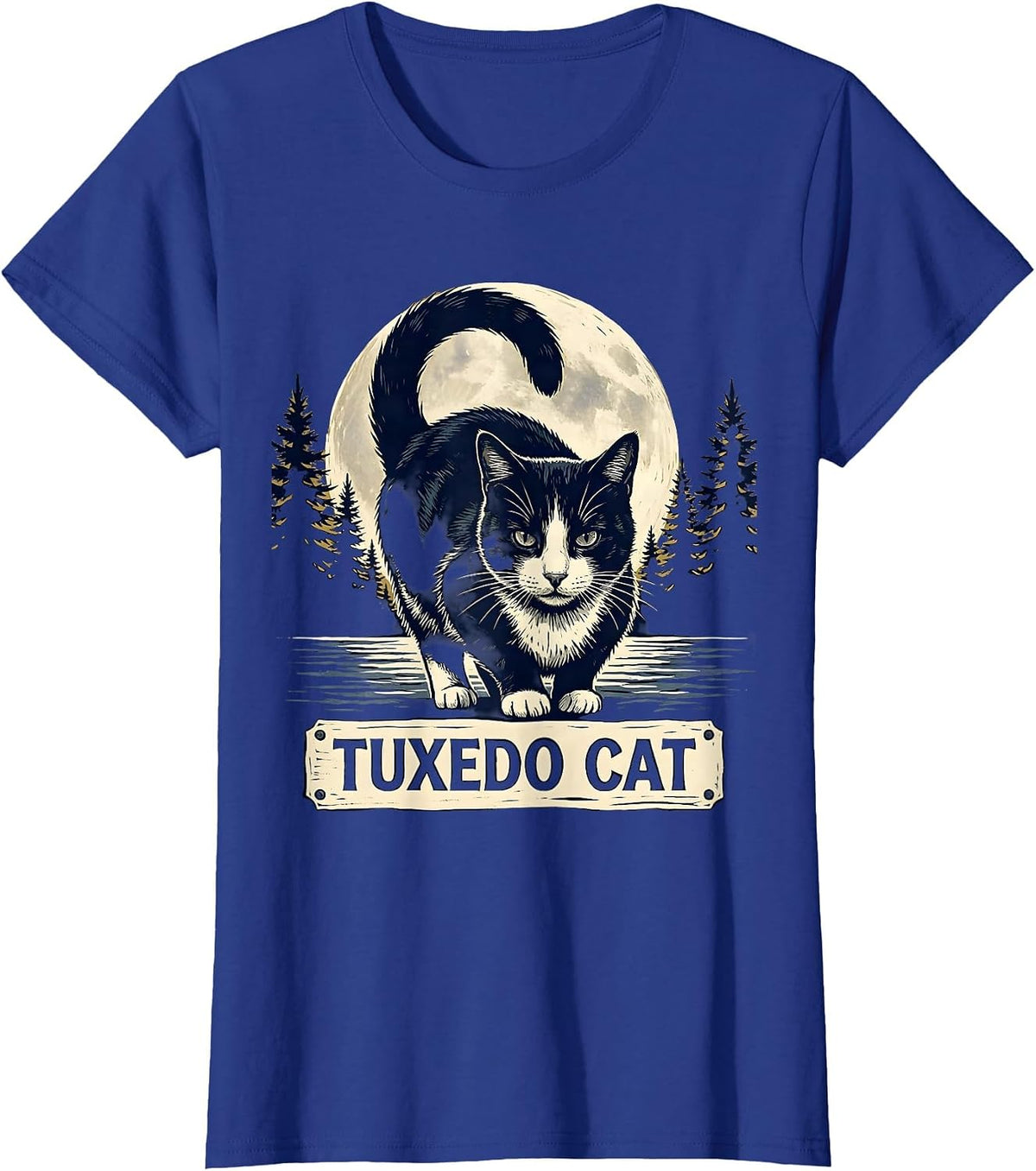 Women's Tuxedo Cat Linocut 90s Retro Moonlit Portrait T-Shirt - Royal Blue