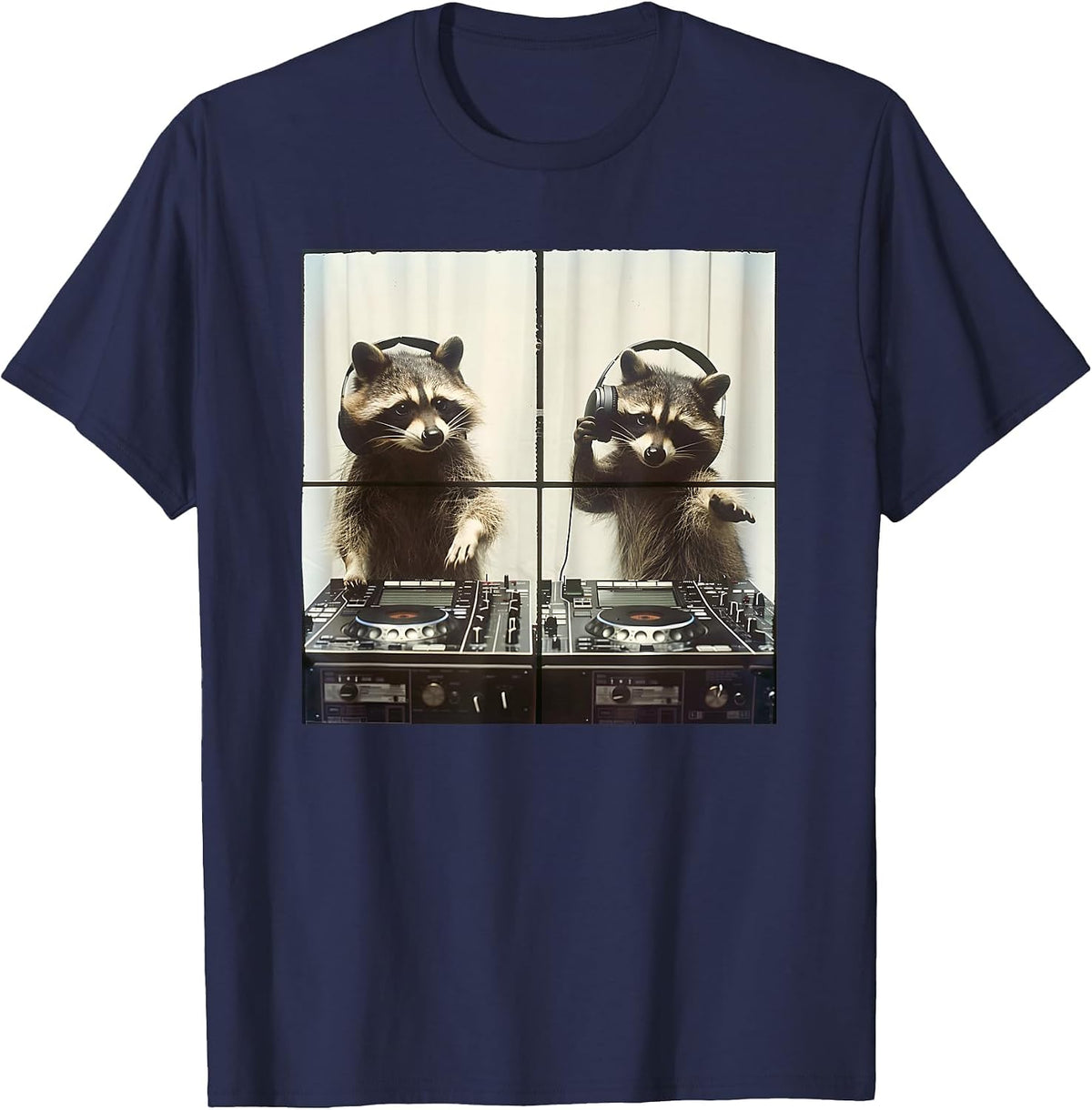 Hip Hop Raccoon Scratching Vinyl Raccoon DJ T-Shirt - Navy Blue