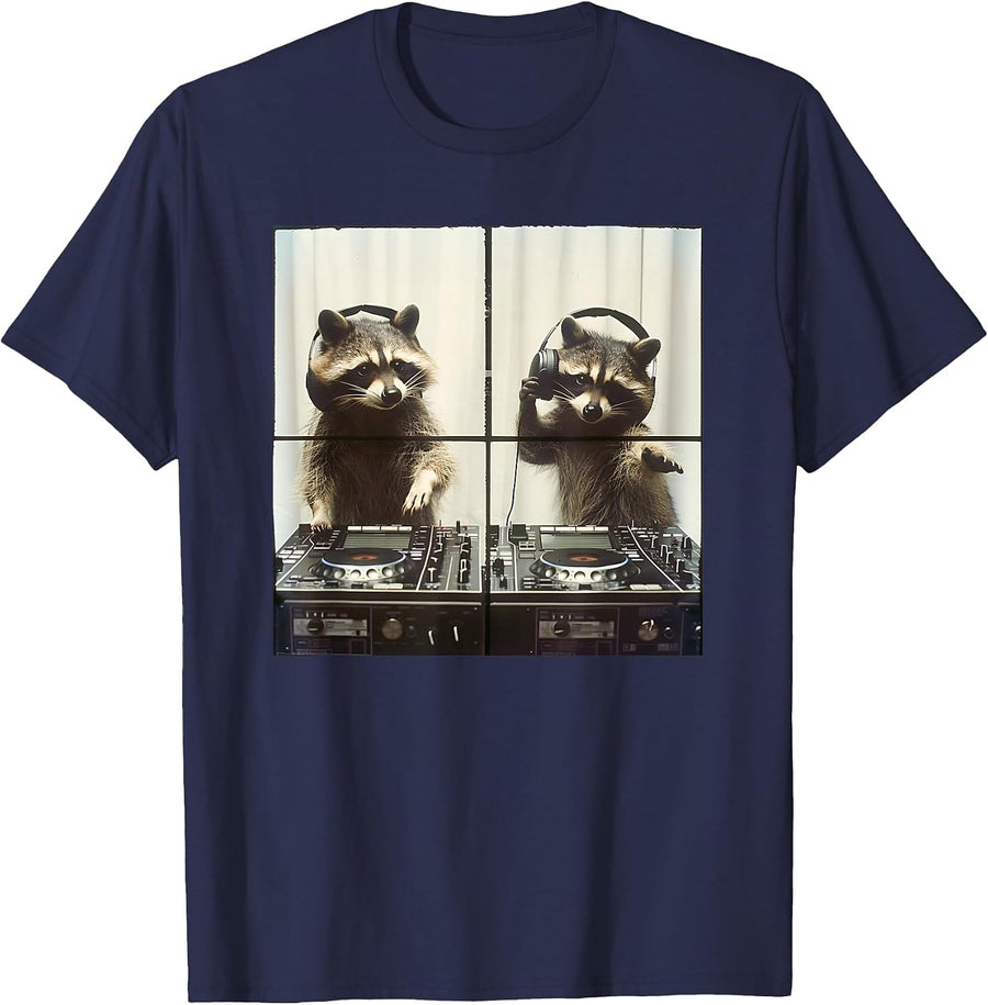 Hip Hop Raccoon Scratching Vinyl Raccoon DJ T-Shirt - Navy Blue