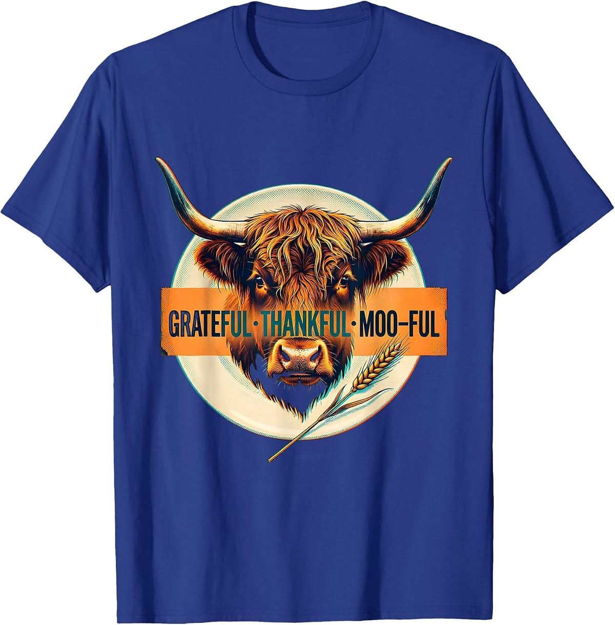Men's Grateful Thankful Moo-ful Highland Cow Farm Animal T-Shirt - Royal Blue