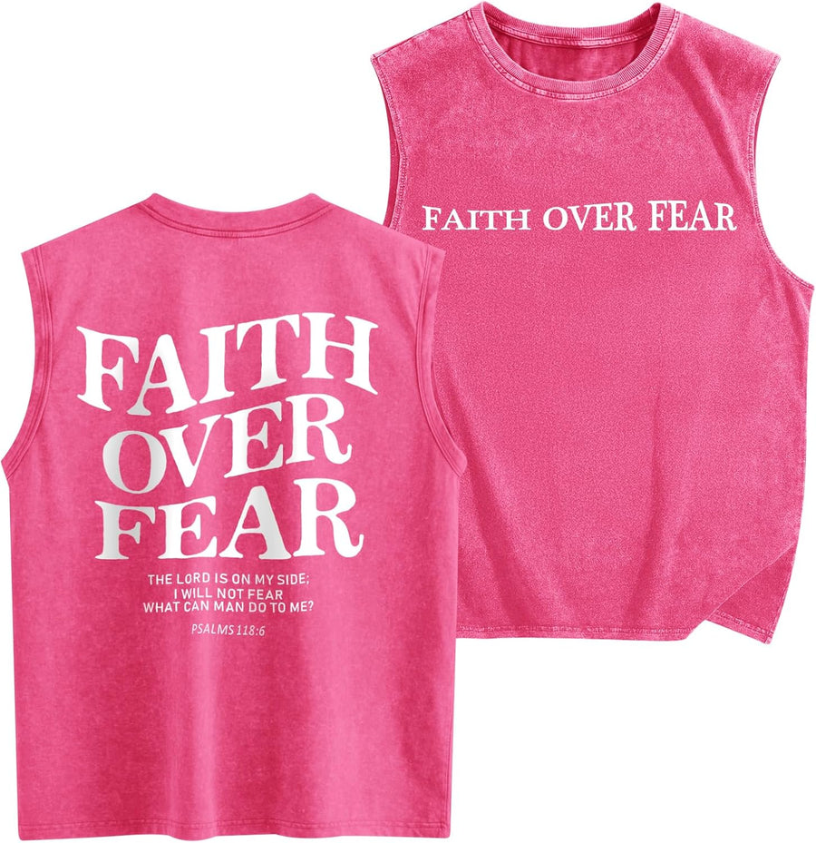 Mens Christian Sleeveless Shirts Faith Over Fear Graphic Tank Tops Gym Workout Acid Wash Tanks Cut Off Muscle Shirt - Pink