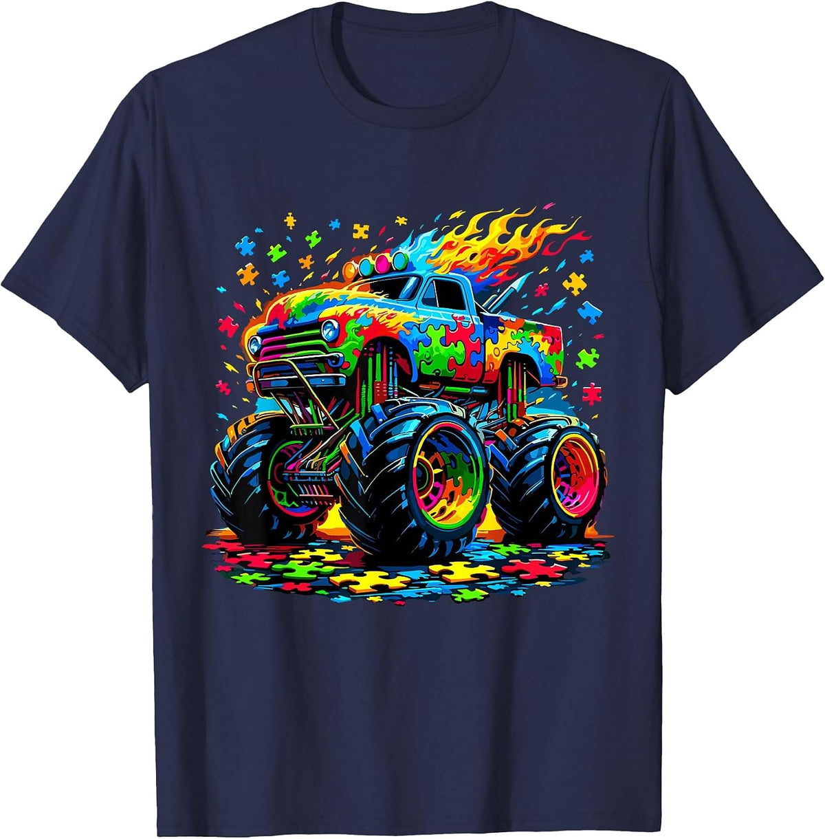 Autism Awareness Monster Truck Puzzle T-Shirt - Navy Blue