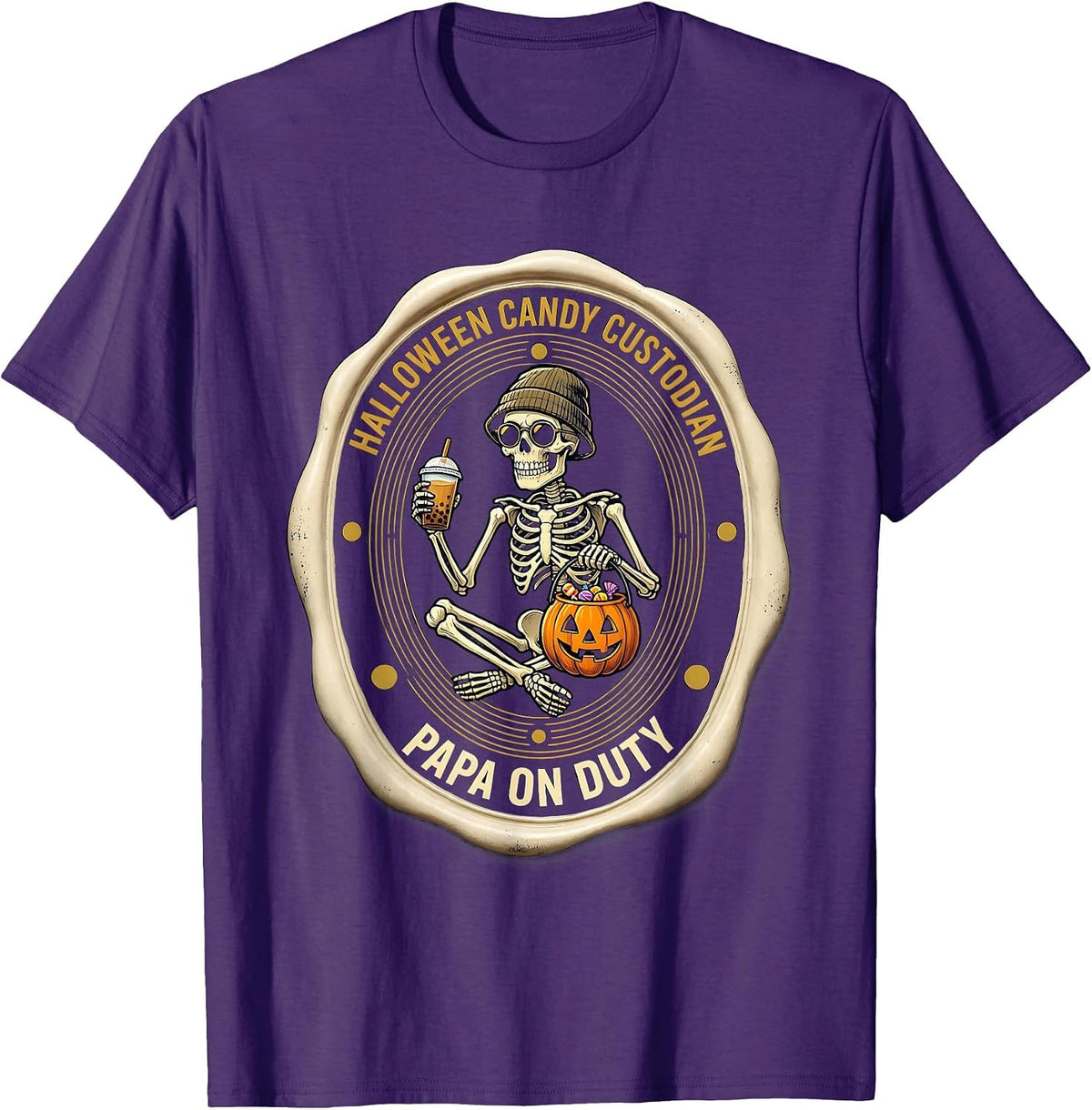 Men's Halloween Candy Custodian — Papa On Duty Skeleton T-Shirt - Purple