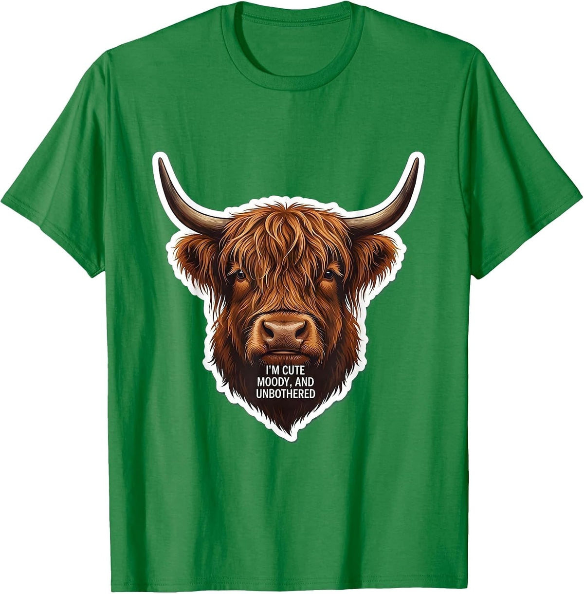 Men's I’m Cute Moody And Unbothered Highland Cow Character T-Shirt - Kelly Green