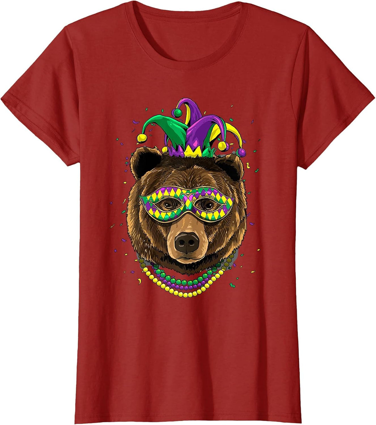 Bear Animal Lover Cute Mardi Gras Carnival Jester T-Shirt, Women, Cranberry Red, Medium - As Pictured