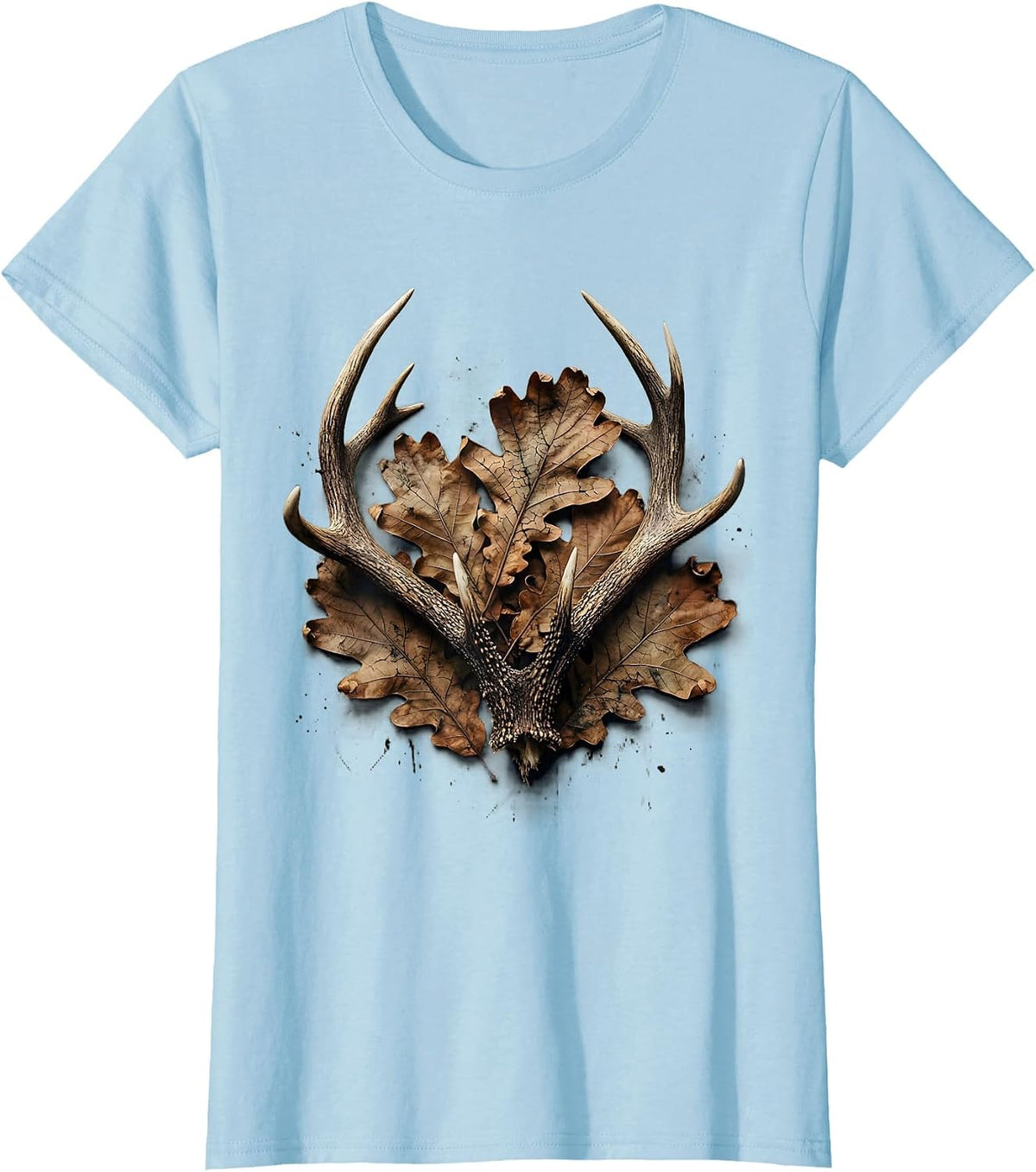 Bottomland Camo Shed Antler Oak Leaves Design T-Shirt - Baby Blue