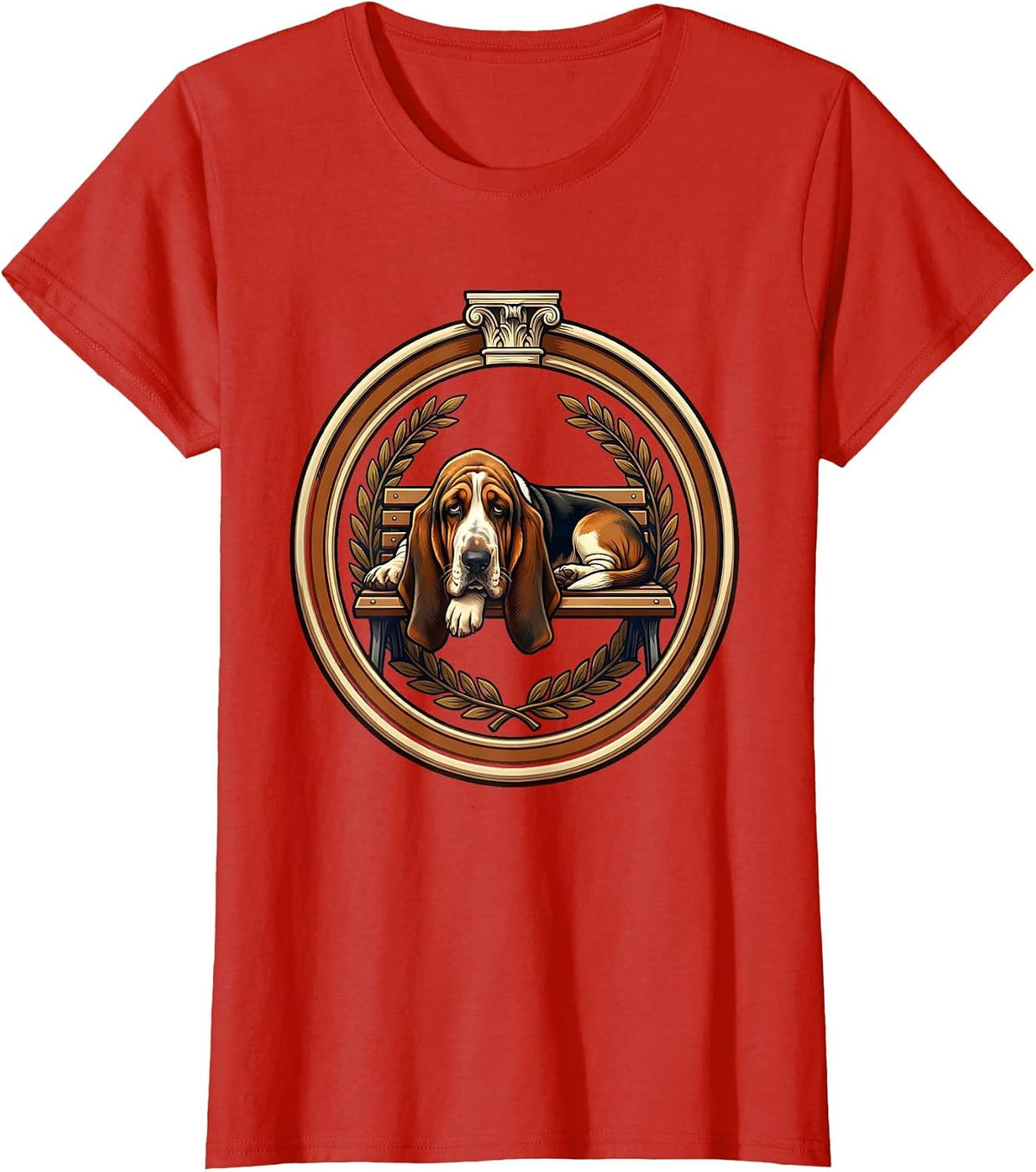 Sleepy Basset Hound Melting Off Park Bench T-Shirt - Red