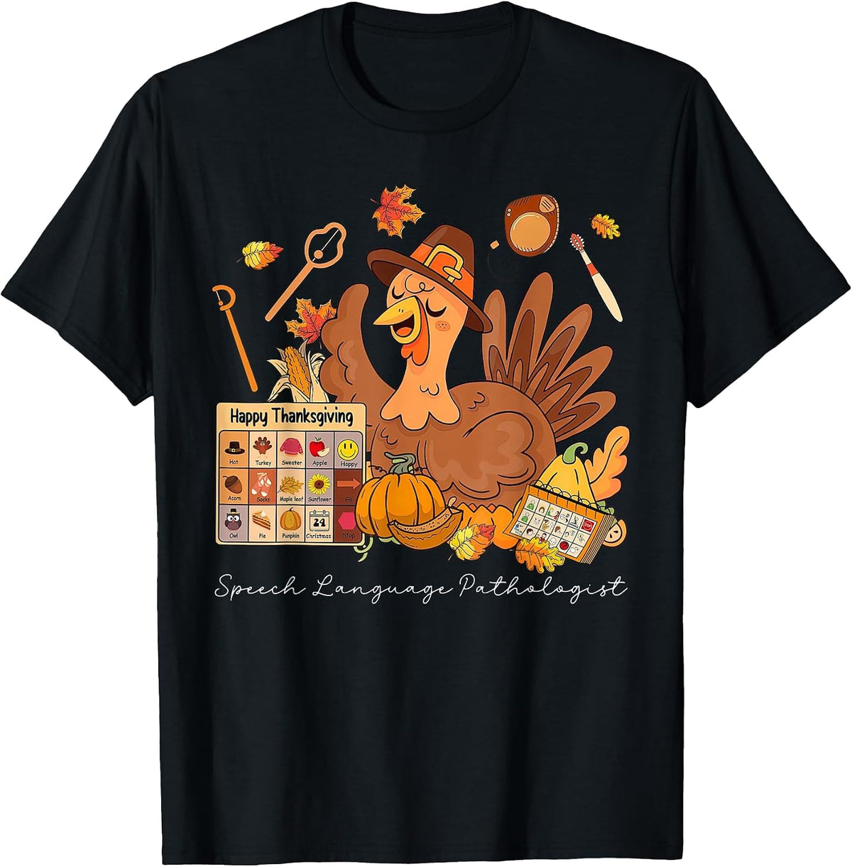 Thanksgiving Speech Therapy Pathologist Turkey Fall Thankful T-Shirt - Black