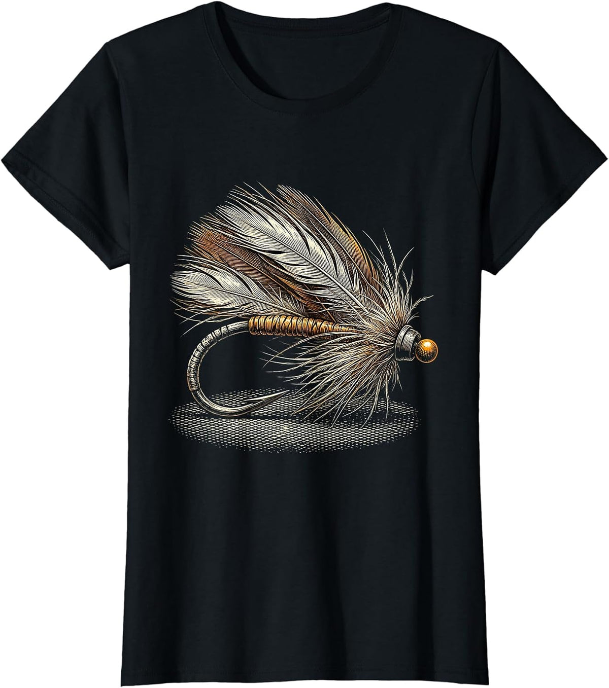 Fly Fishing Lure Feathered Hook Illustration T-Shirt - Black