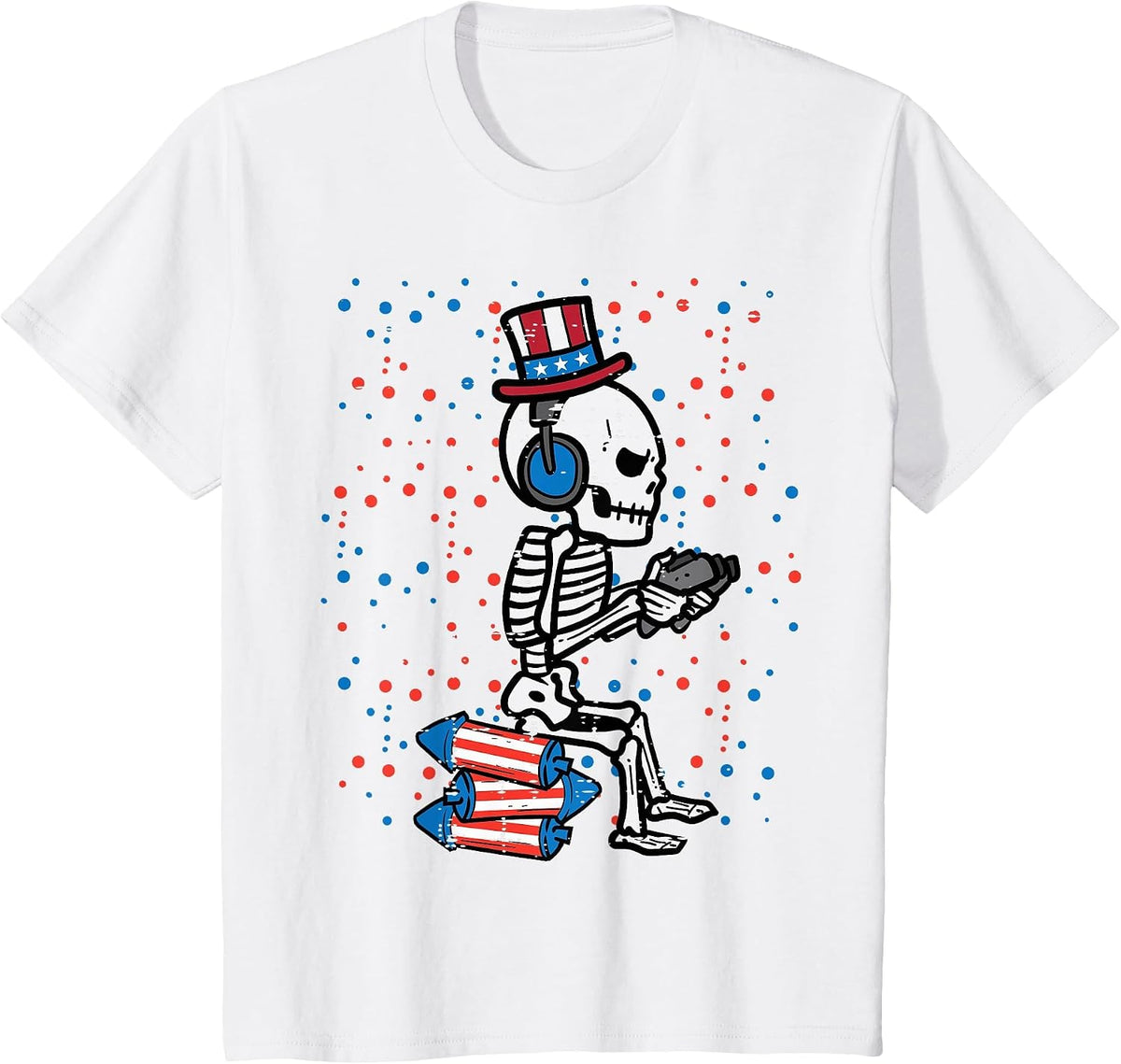4th of July Skeleton Gamer Funny America Boys Kids Men Teen T-Shirt - White