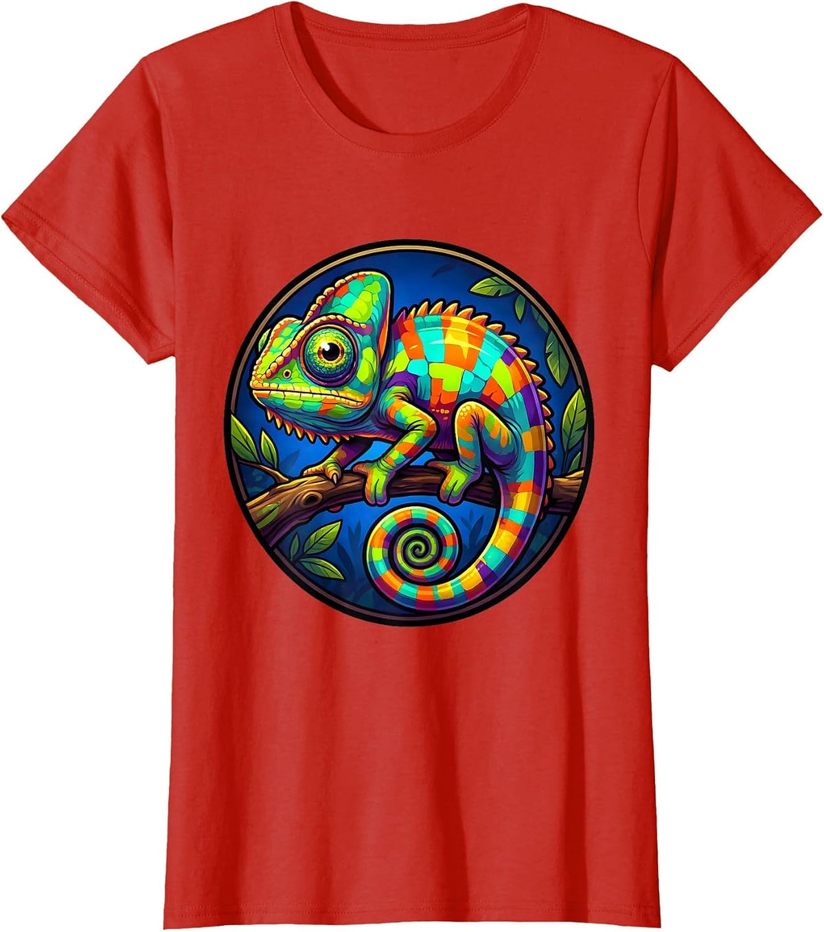 Women's Vivid Chameleon on Branch Animal Kingdom Art T-Shirt - Red