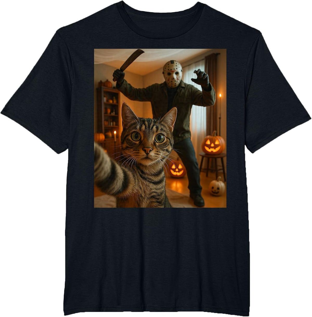Funny Cat Selfie with Skeleton Scary Halloween Meme T-Shirt - Black
