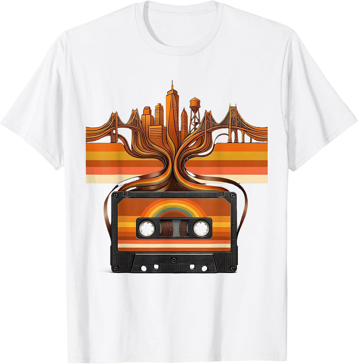 Men's Hip Hop Cassette Tape City Skyline Graphic T-Shirt - White