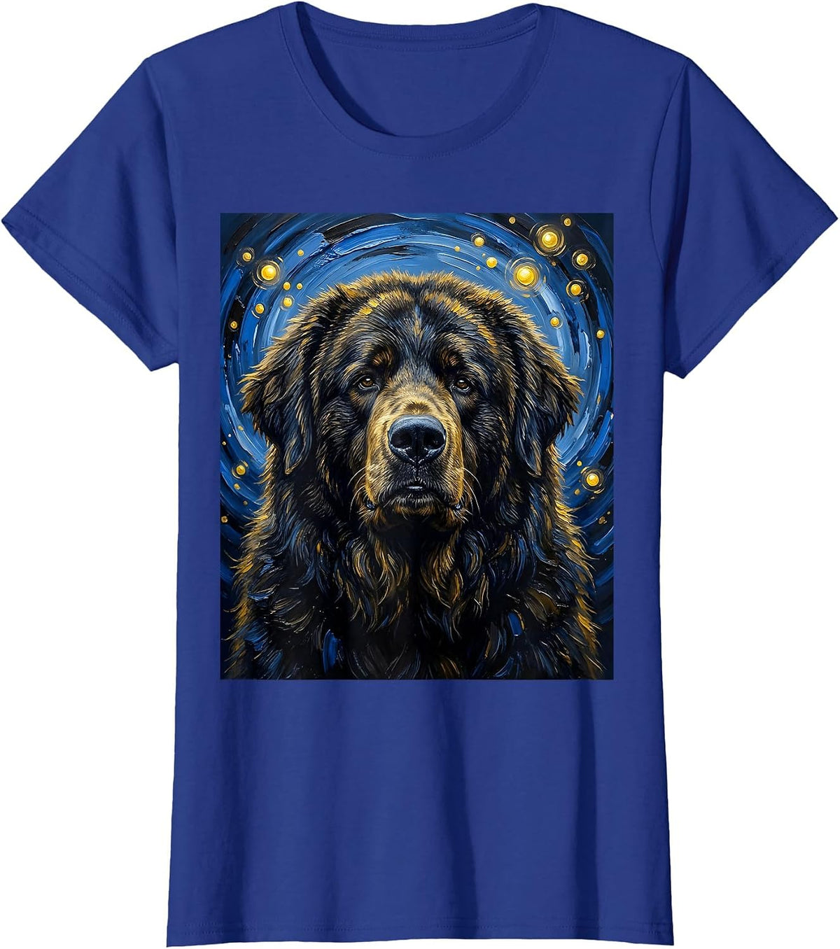 Women's Newfoundland Dog Van Gogh Style Starry Night Portrait T-Shirt - Royal Blue