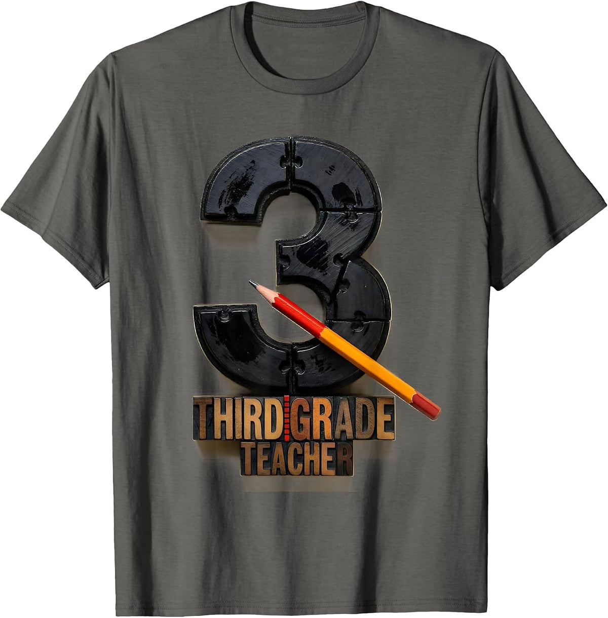 Men's Third Grade Teacher Wood Type Letterpress Back To School T-Shirt - Asphalt Grey