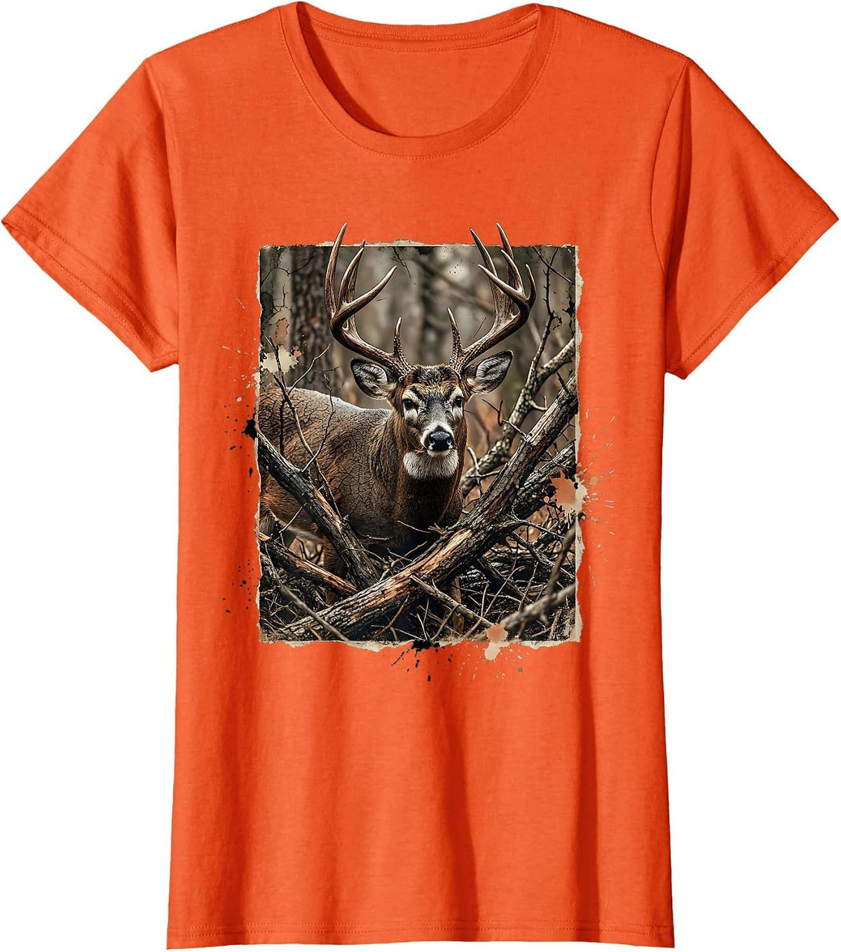 Camo Whitetail Buck Behind Fallen Branches T-Shirt - Orange