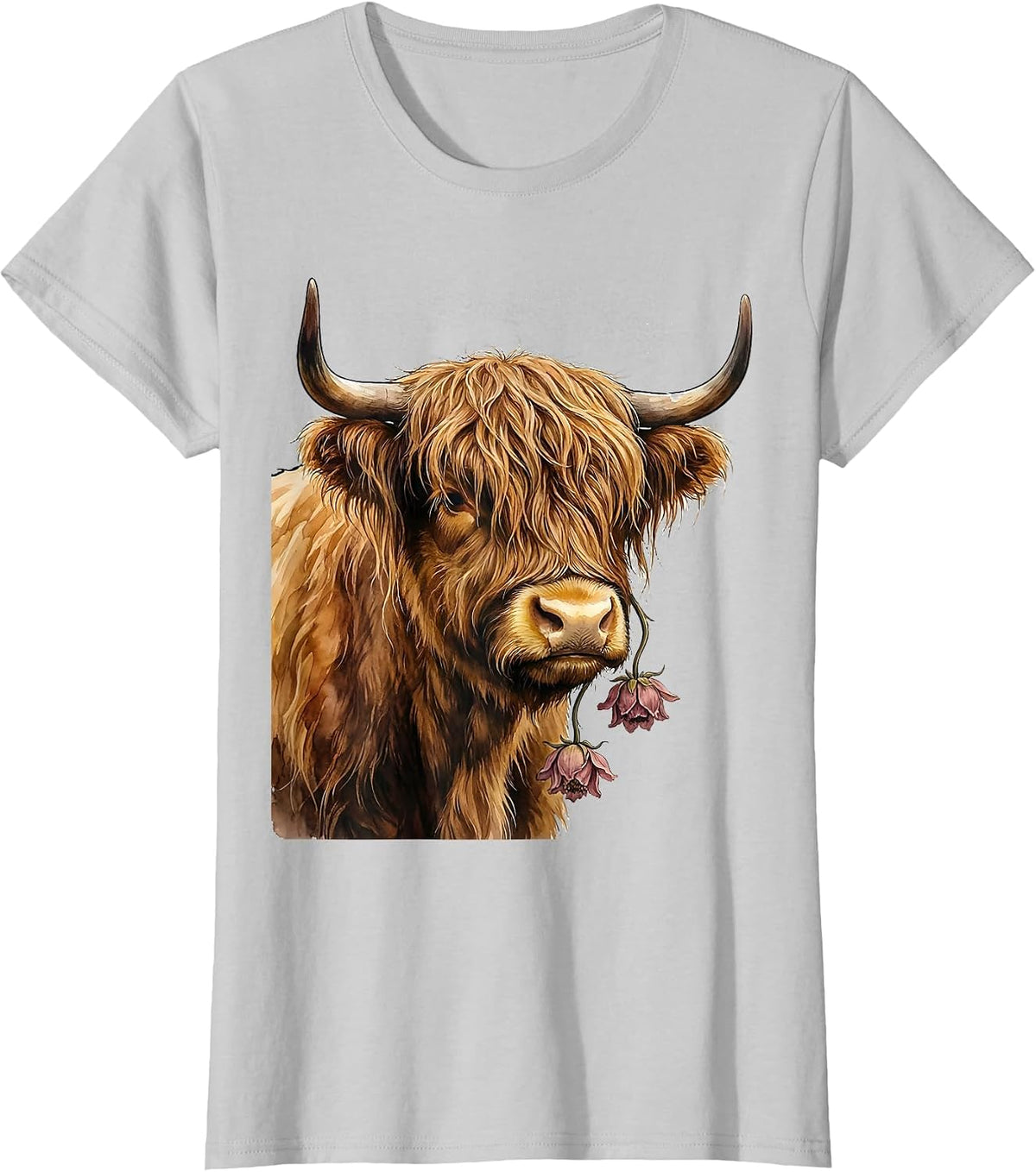 Highland Cow Bust Watercolor Cute Floral Cow Lover T-Shirt - Silver Grey