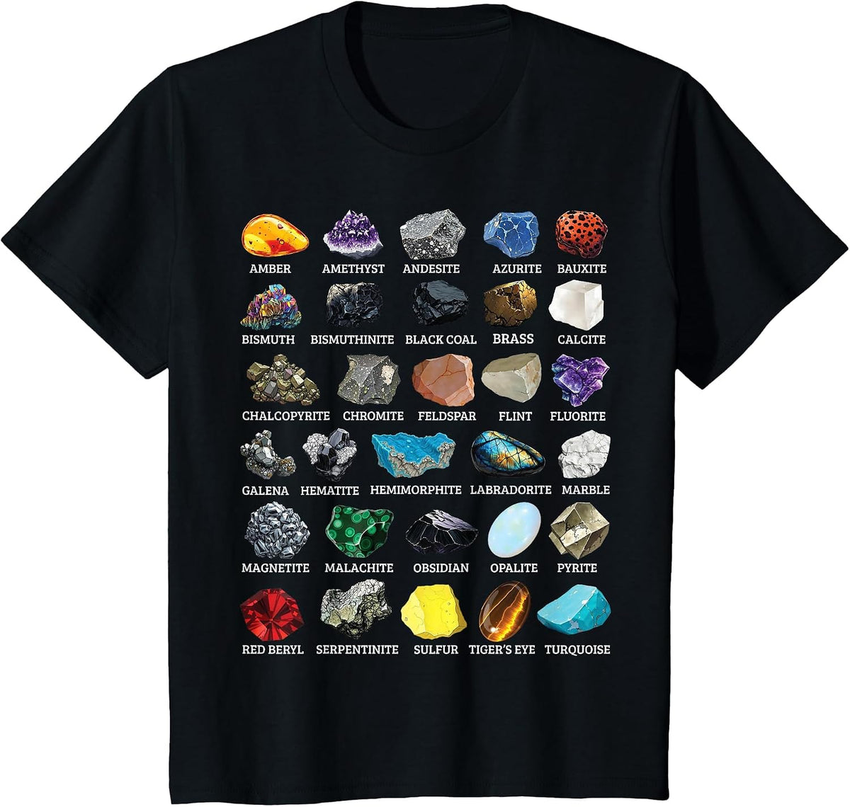 Types of Rocks & Minerals Gemology & Geology Educational T-Shirt - Black