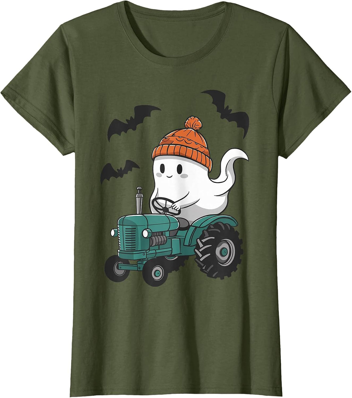 Cute Ghost Riding Tractor Lovers Spooky Halloween Farmer T-Shirt - Olive Green