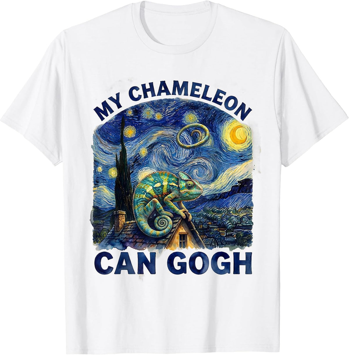Men's My Chameleon Can Gogh Whimsical Art Parody Cat Lover Gift T-Shirt - White