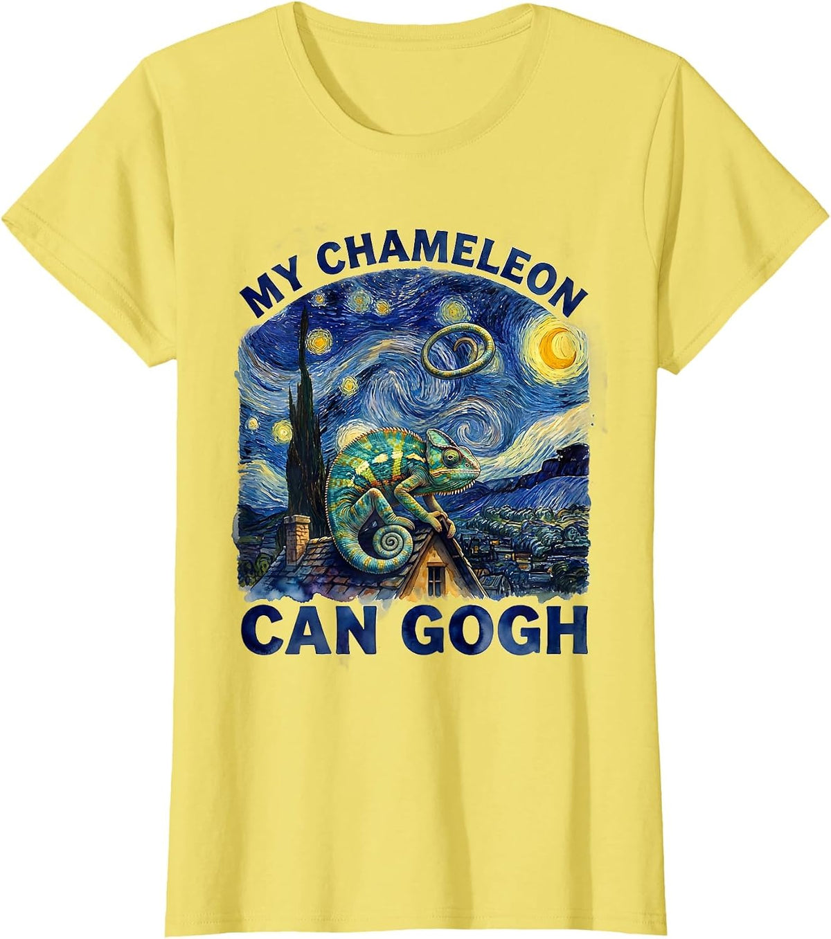 Women's My Chameleon Can Gogh Whimsical Art Parody Cat Lover Gift T-Shirt - Lemon Yellow