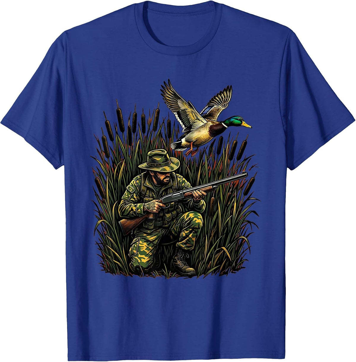 Duck Hunter Crouching in Tall Reeds Illustration T-Shirt - Royal Blue