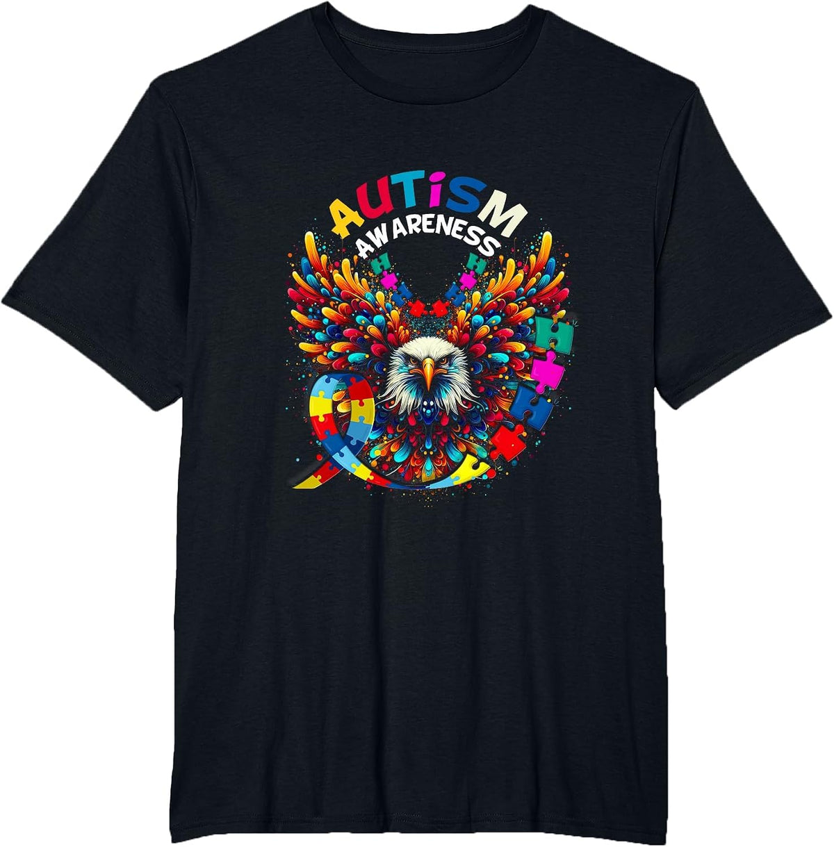 Autism Awareness Puzzle Pieces Eagle Family Health Support T-Shirt - Black