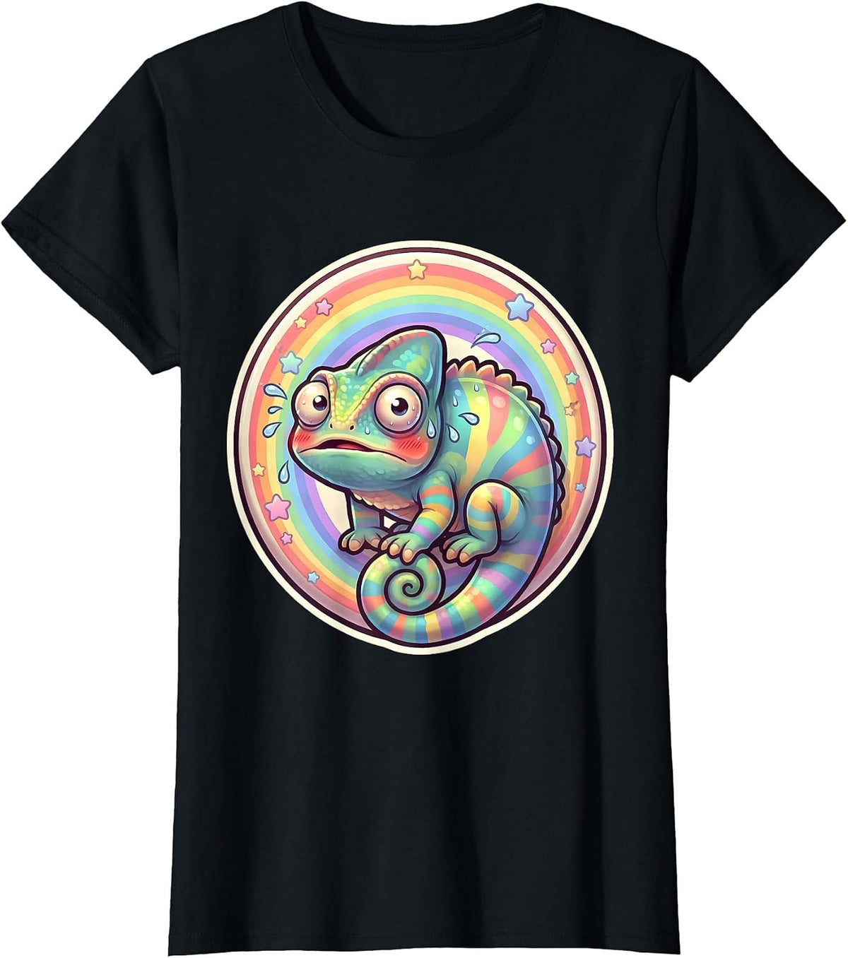 Women's Funny Chameleon Blending Into Rainbow T-Shirt - Black