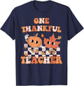 One Thankful Teacher Fall Leaves Thanksgiving Retro T-Shirt - Navy Blue