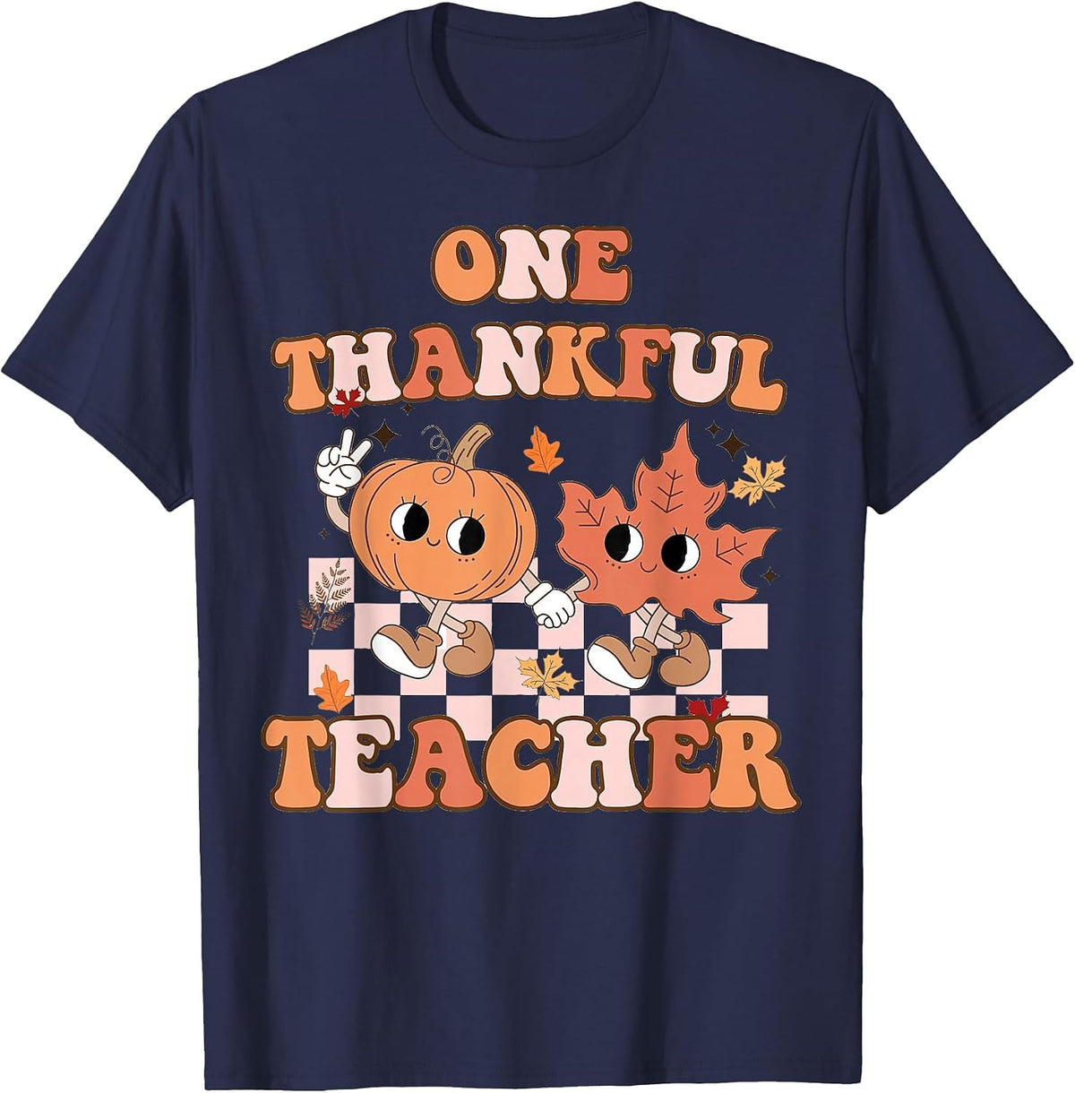 One Thankful Teacher Fall Leaves Thanksgiving Retro T-Shirt - Navy Blue