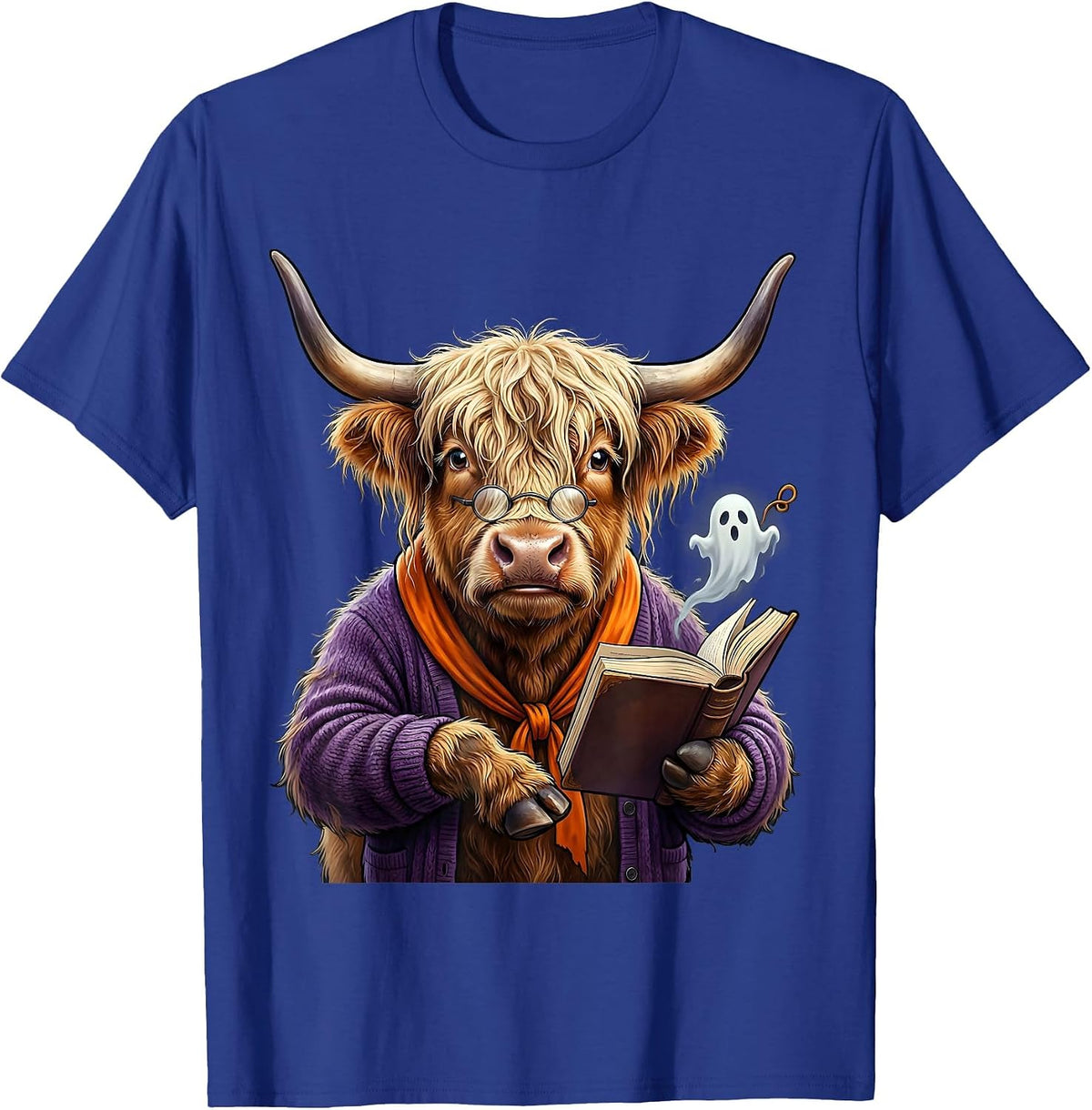 Men's Shaggy Highland Cow Haunted Librarian Halloween Humor T-Shirt - Royal Blue