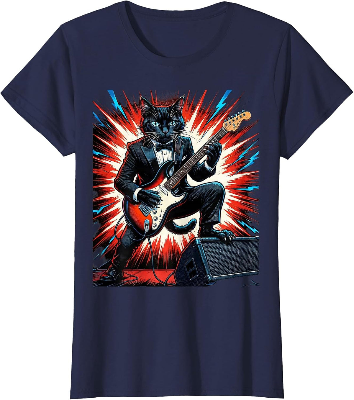 Women's Cat Playing Guitar Rock Music Humor Novelty Gift T-Shirt - Navy Blue