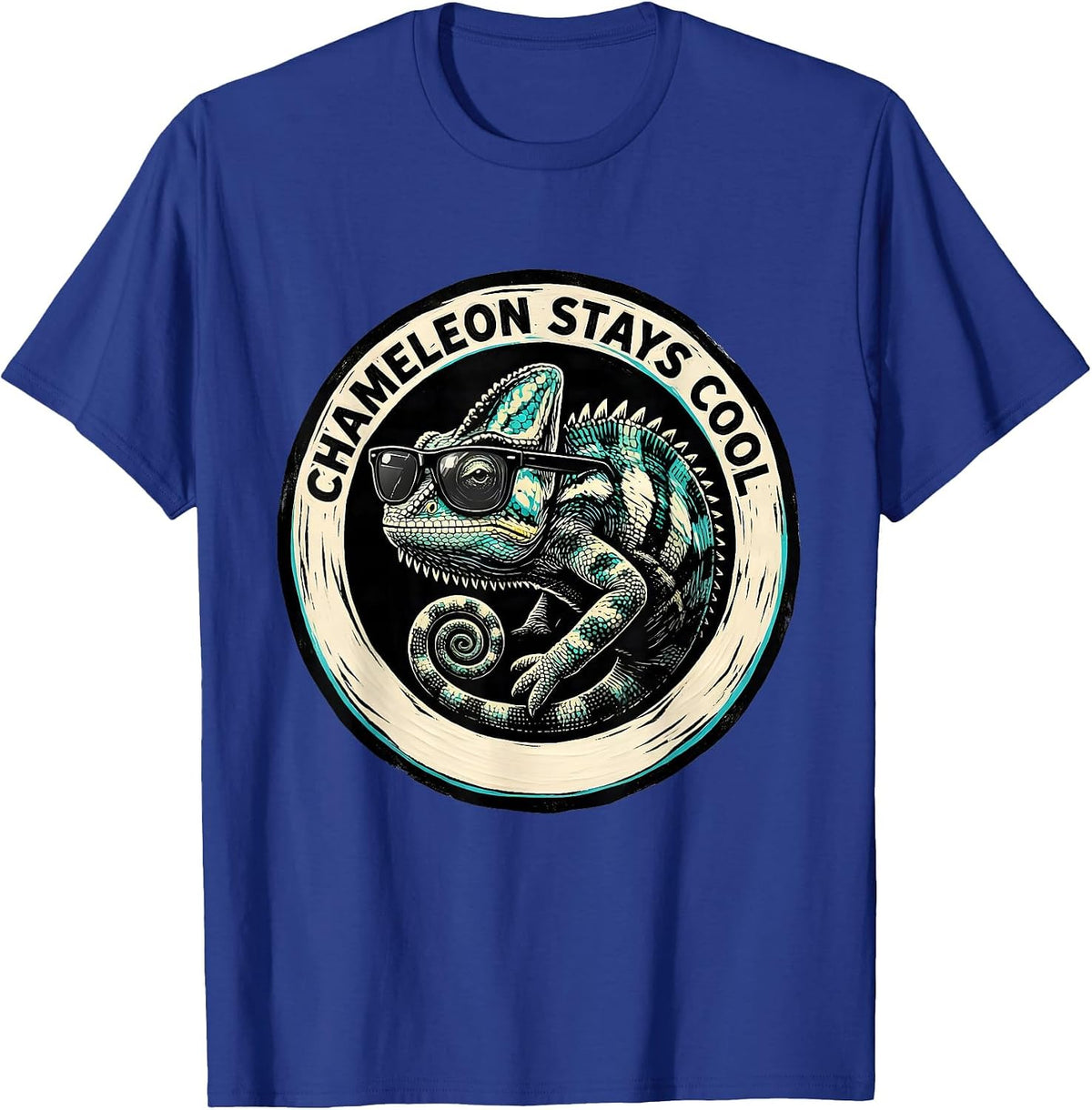 Chameleon Stays Cool Linocut Funny Animal Lover Novelty T-Shirt - Royal Blue