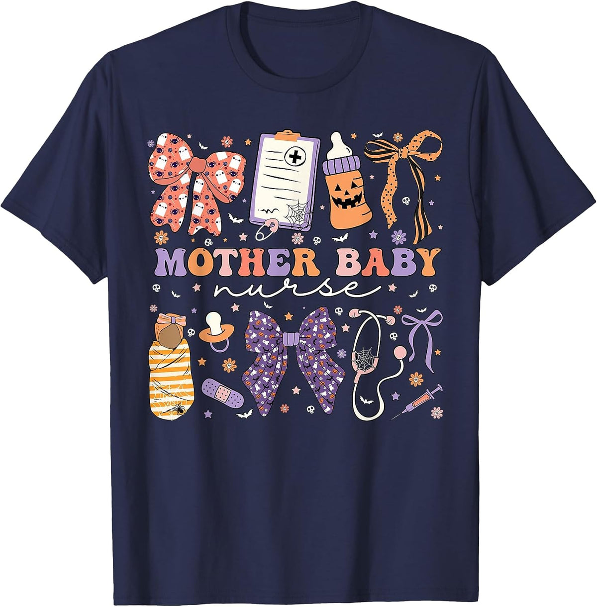 Halloween Postpartum Coquette Mother Baby Nurse Halloween T-Shirt - Navy Blue