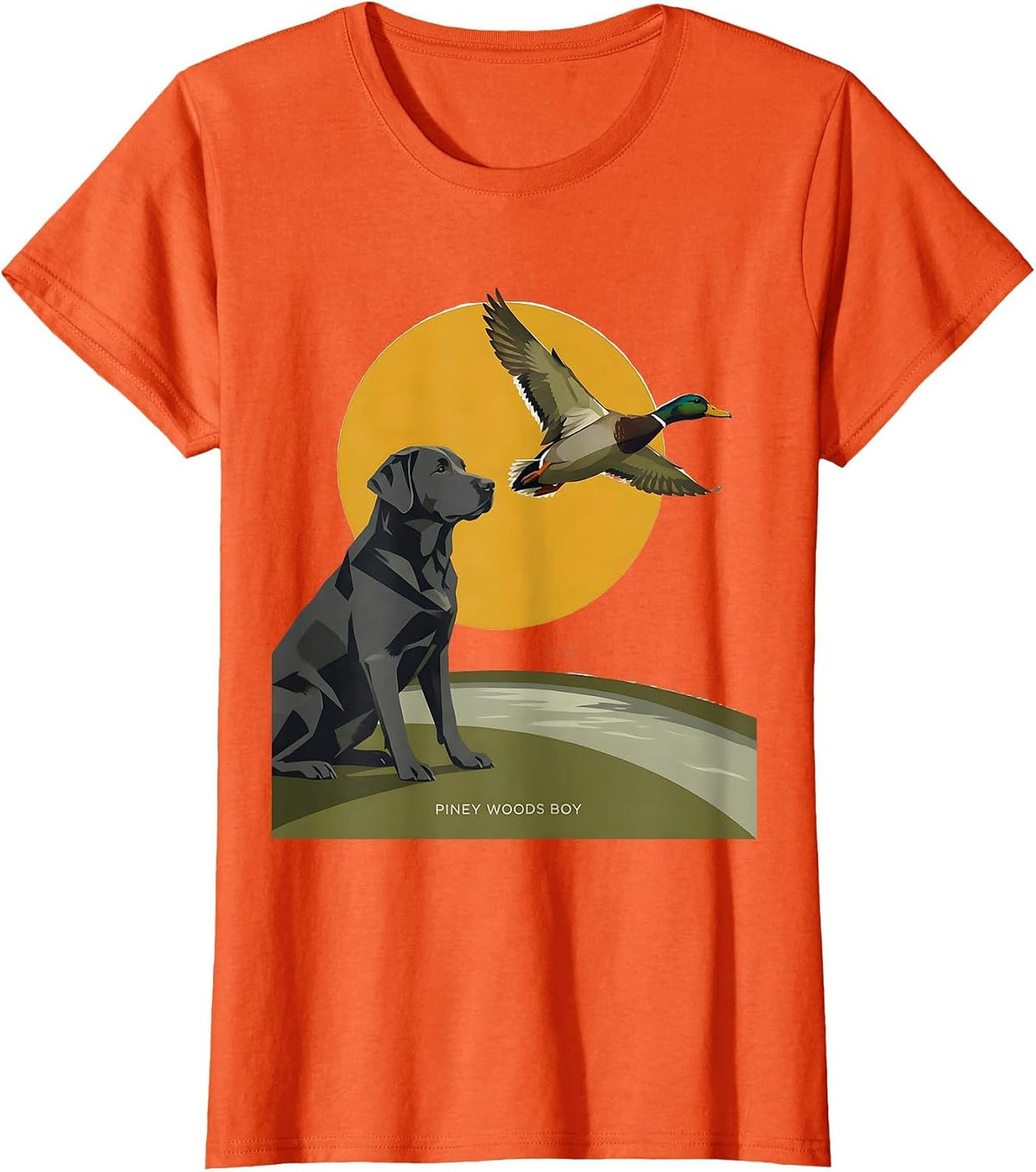 Piney Woods Boy Midcentury Modern Labrador Duck Hunting T-Shirt - Orange