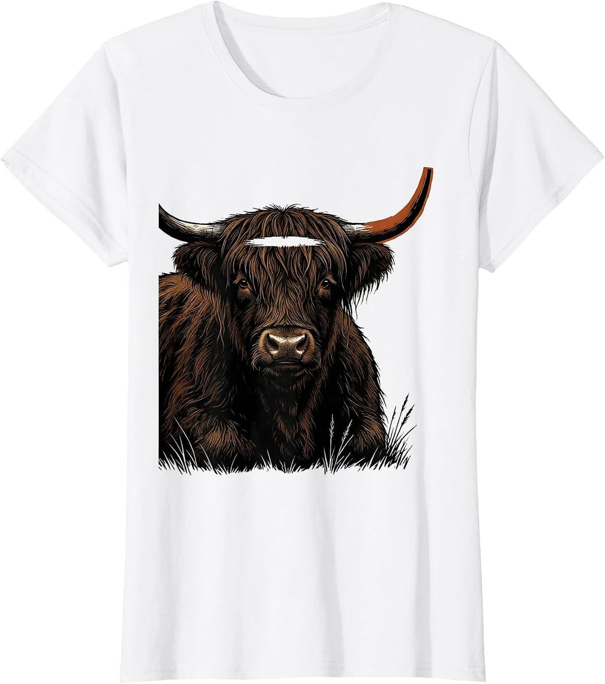 Women's Highland Cow Silhouette Linocut Cute Cow Lover Art T-Shirt - White