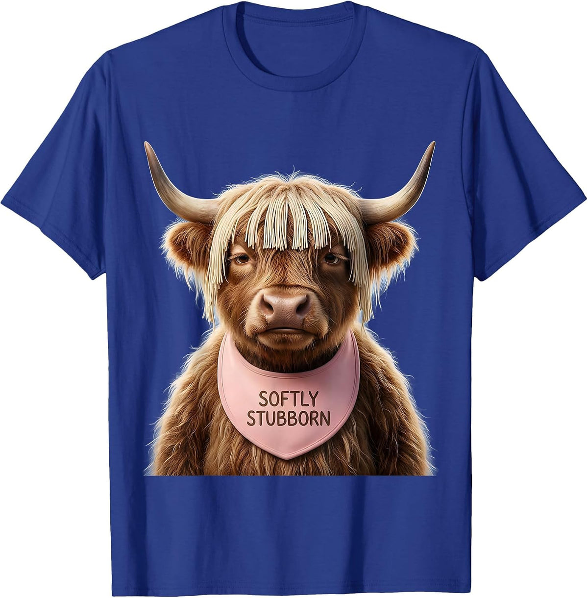 Softly Stubborn Cute Kawaii Highland Cow Novelty Humor T-Shirt - Royal Blue