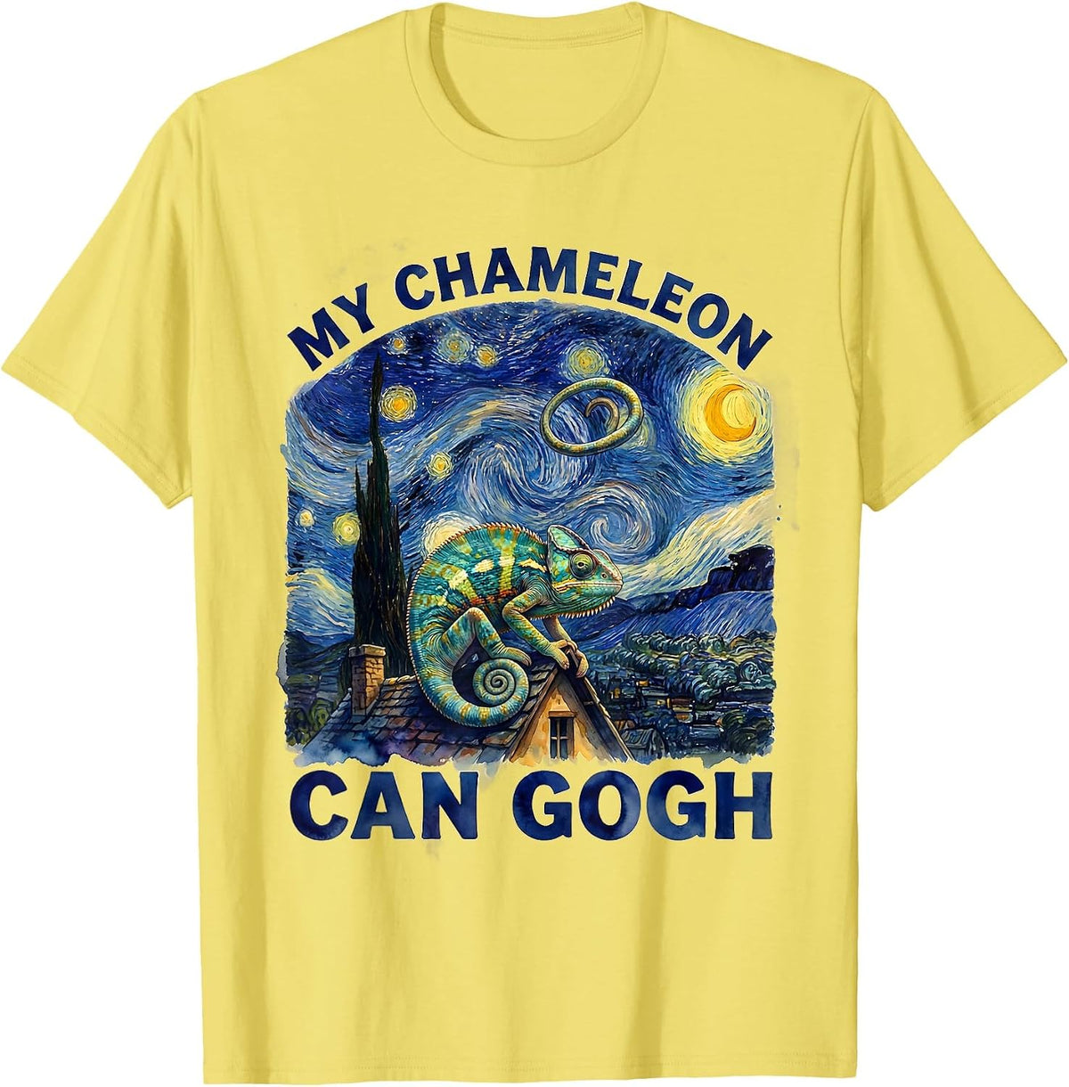 Men's My Chameleon Can Gogh Whimsical Art Parody Cat Lover Gift T-Shirt - Lemon Yellow