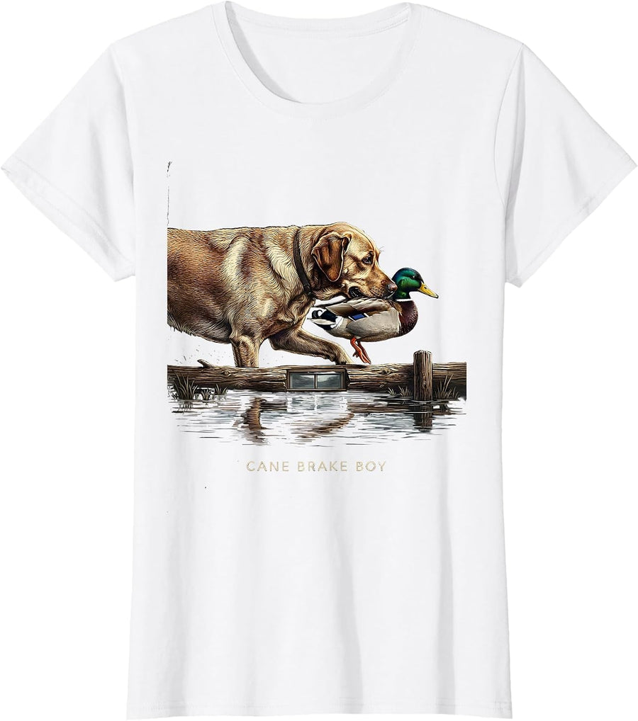 Women's Cane Brake Boy Vintage Labrador Duck Hunting Waterfowl Pride T-Shirt - White