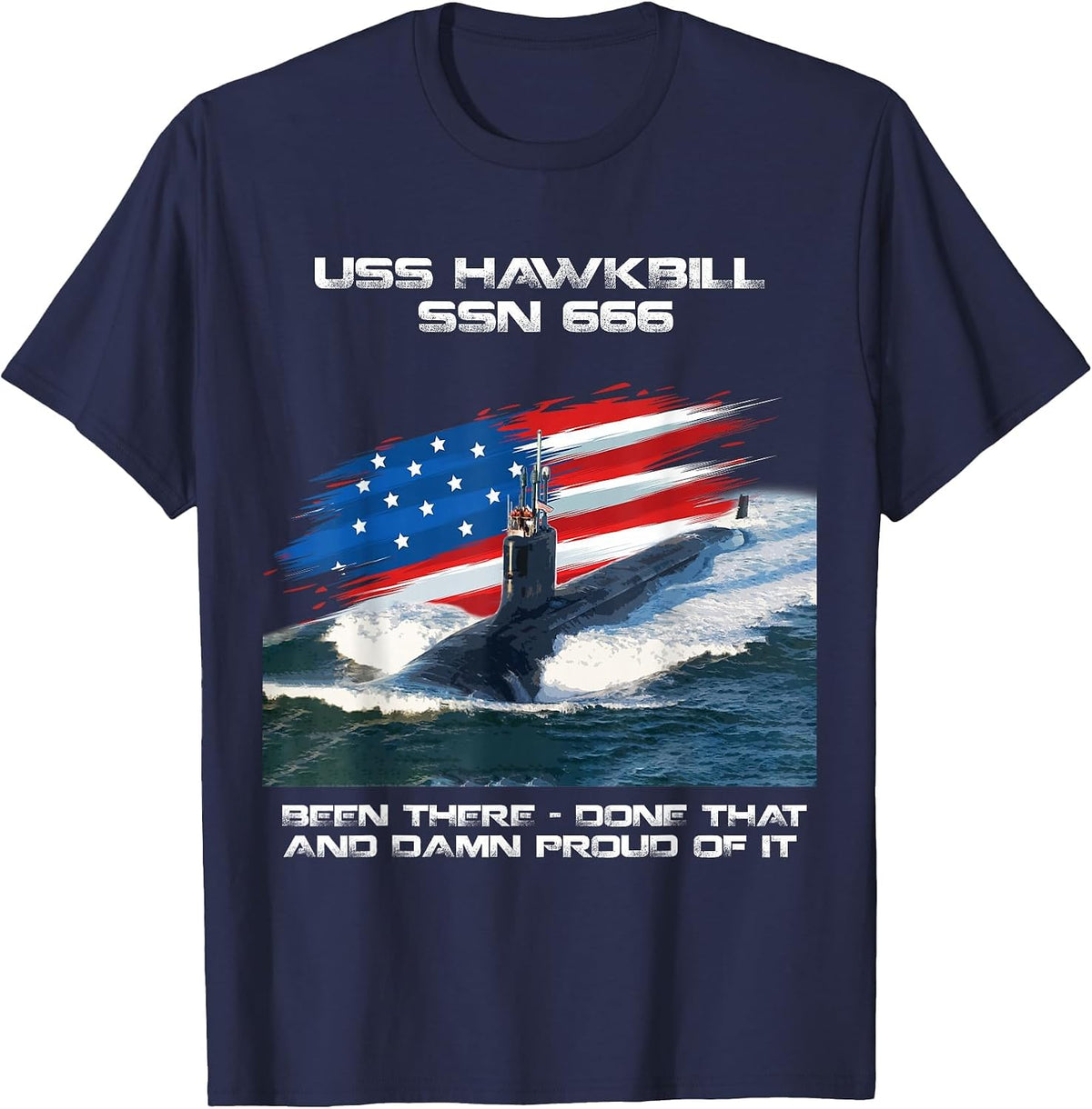 USS Hawkbill SSN-666 American Flag Submarine Veteran Xmas T-Shirt - Navy Blue