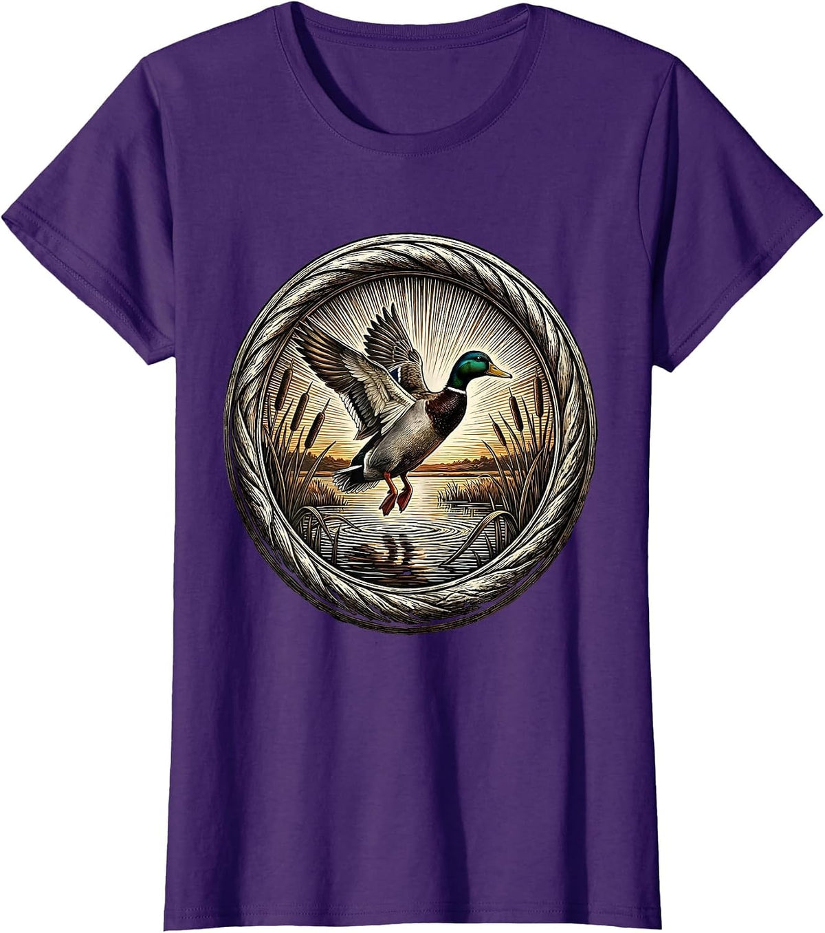 Women's Duck Flying Over Marsh at Sunset Hunting Design T-Shirt - Purple