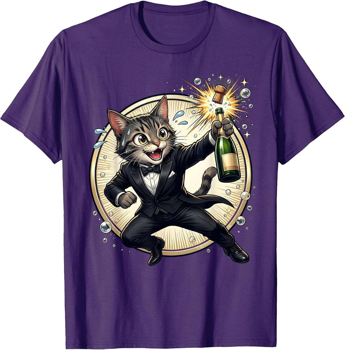 Fancy Cat Champagne Celebration Tuxedo Design T-Shirt - Purple