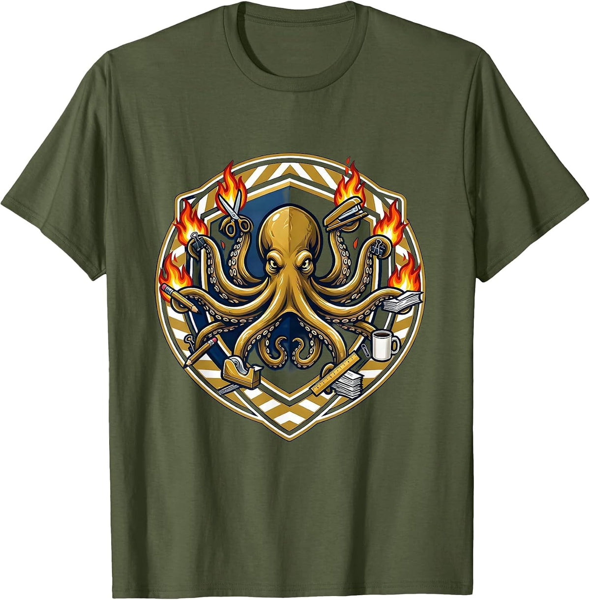 Chaos Coordinator Octopus Juggling Office Supplies T-Shirt - Olive Green