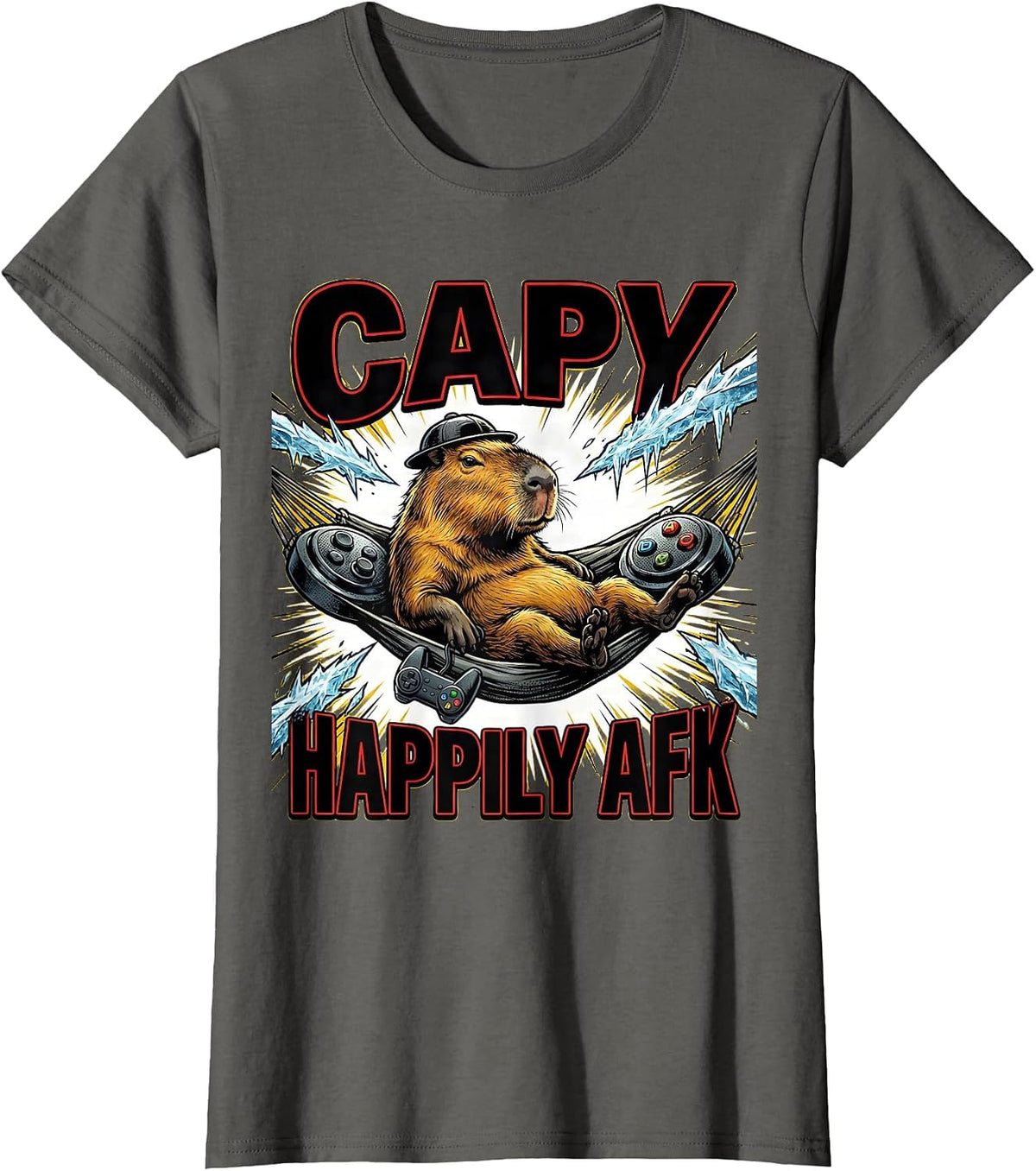 Women's Capy, Happily AFK Funny Capybara Gamer Gaming Humor T-Shirt - Asphalt Grey