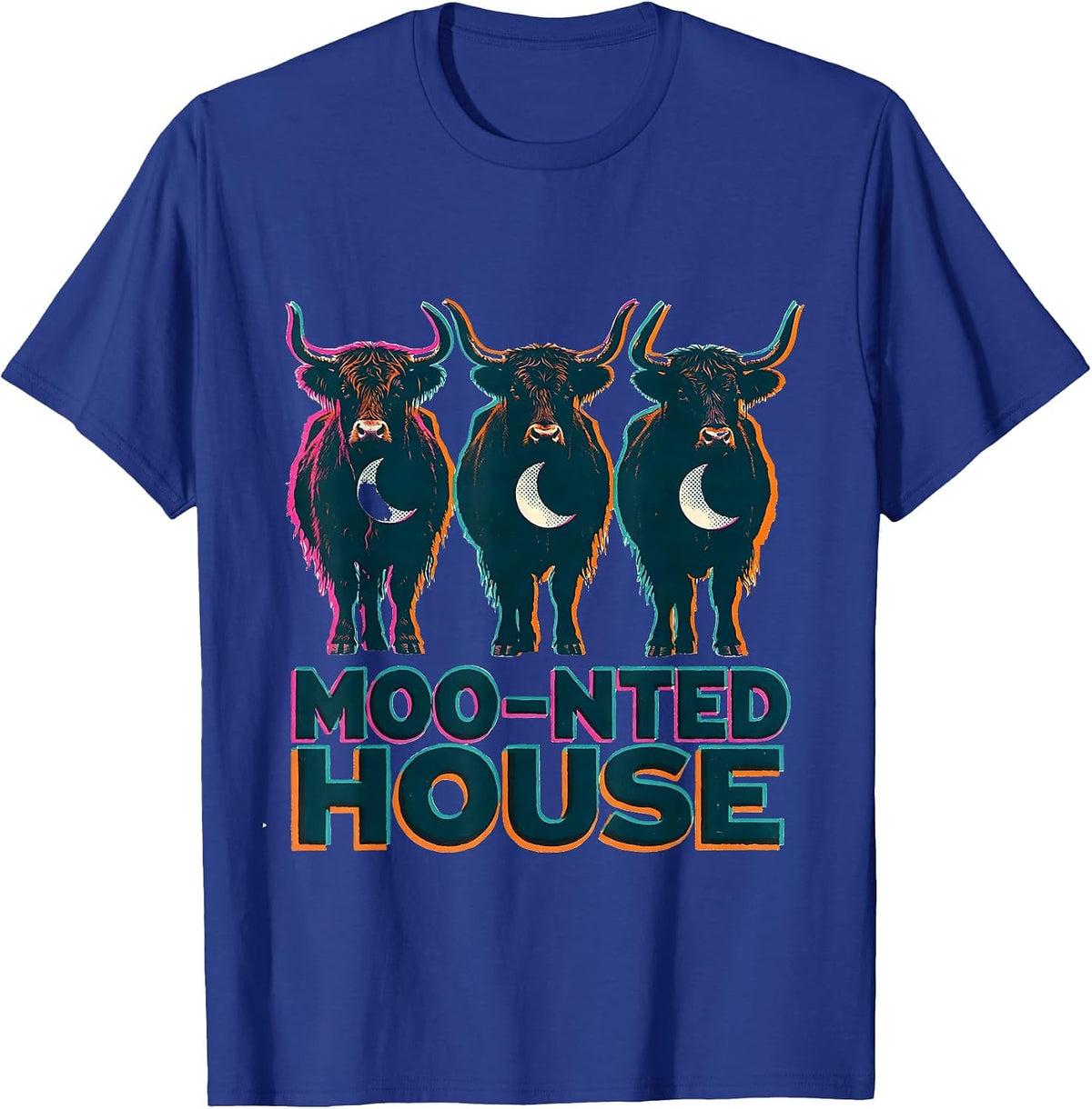 Men's Moo-nted House Risograph Highland Cow Halloween Humor T-Shirt - Royal Blue