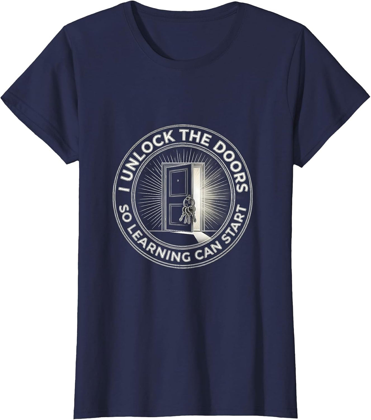 Women's I Unlock The Doors So Learning Can Start Funny Custodian T-Shirt - Navy Blue