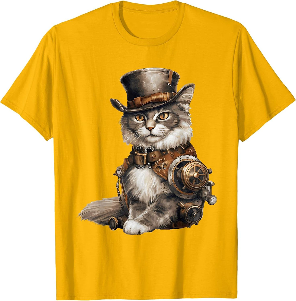 Steampunk Cat with Hat Graphic Design Cat Lover Art Fantasy T-Shirt - Golden Yellow