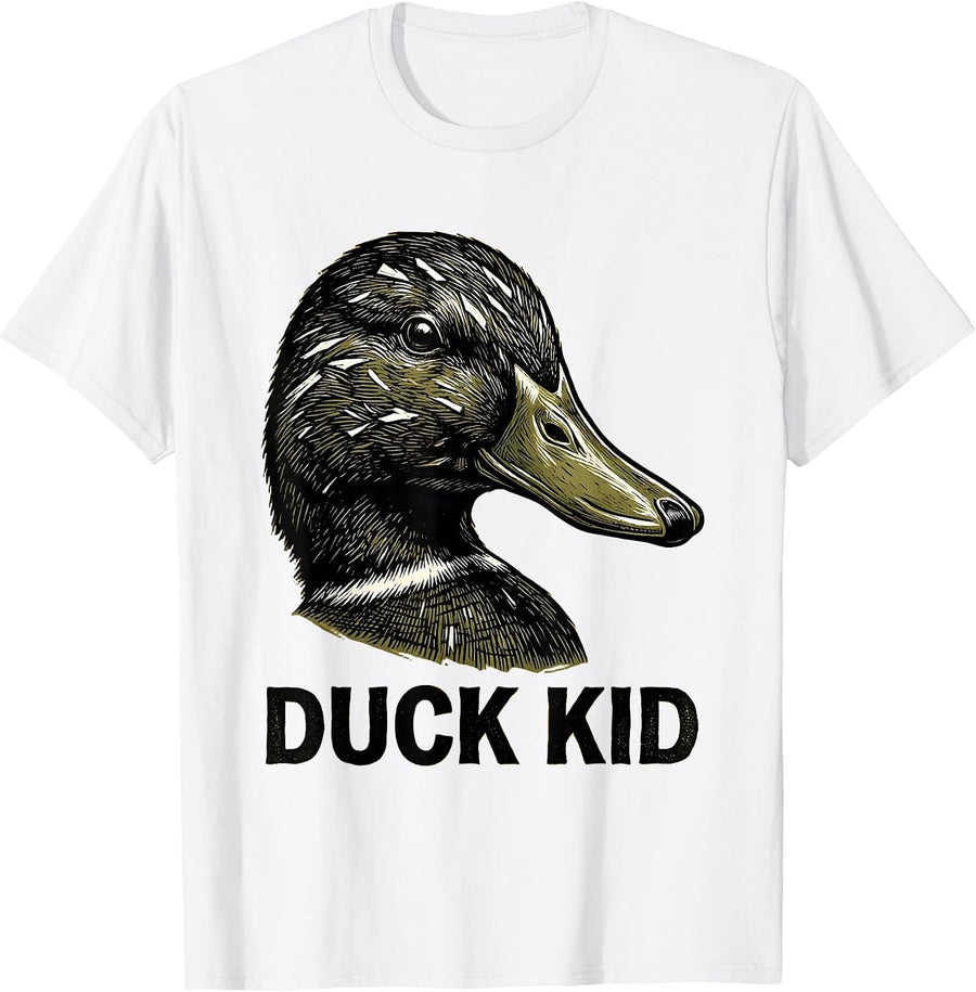 Men's Duck Kid Woodcut Engraving Camo Hunting Youth Humor T-Shirt - White