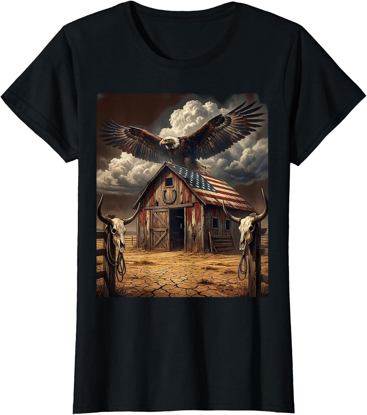 Old Barn Stormy Sky Dramatic Rural Landscape Art T-Shirt - Black